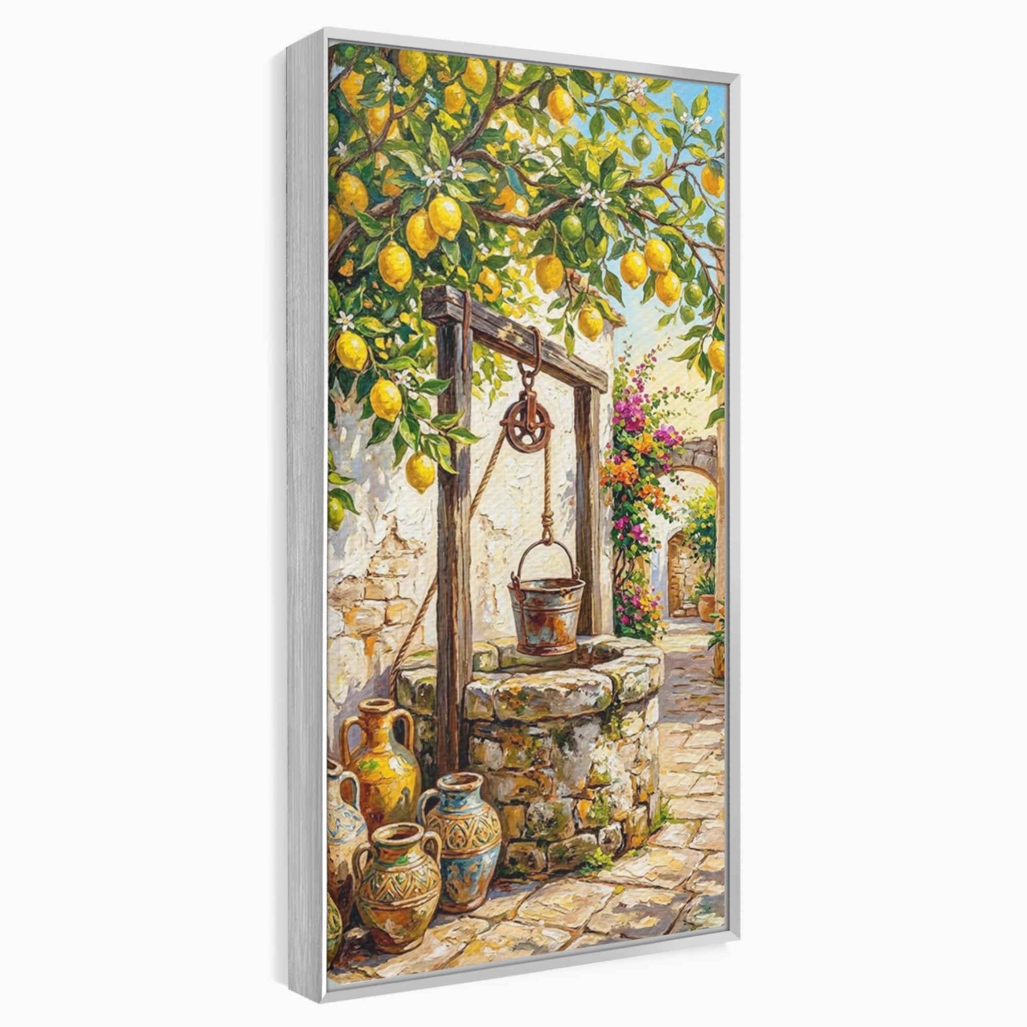 Tablou Canvas Premium LuxCanva® PI1065, Fantana Cu Lamai, Fantana, Lamai, Mediteranean, Rustic, Gradina, Living, Culori Vibrante