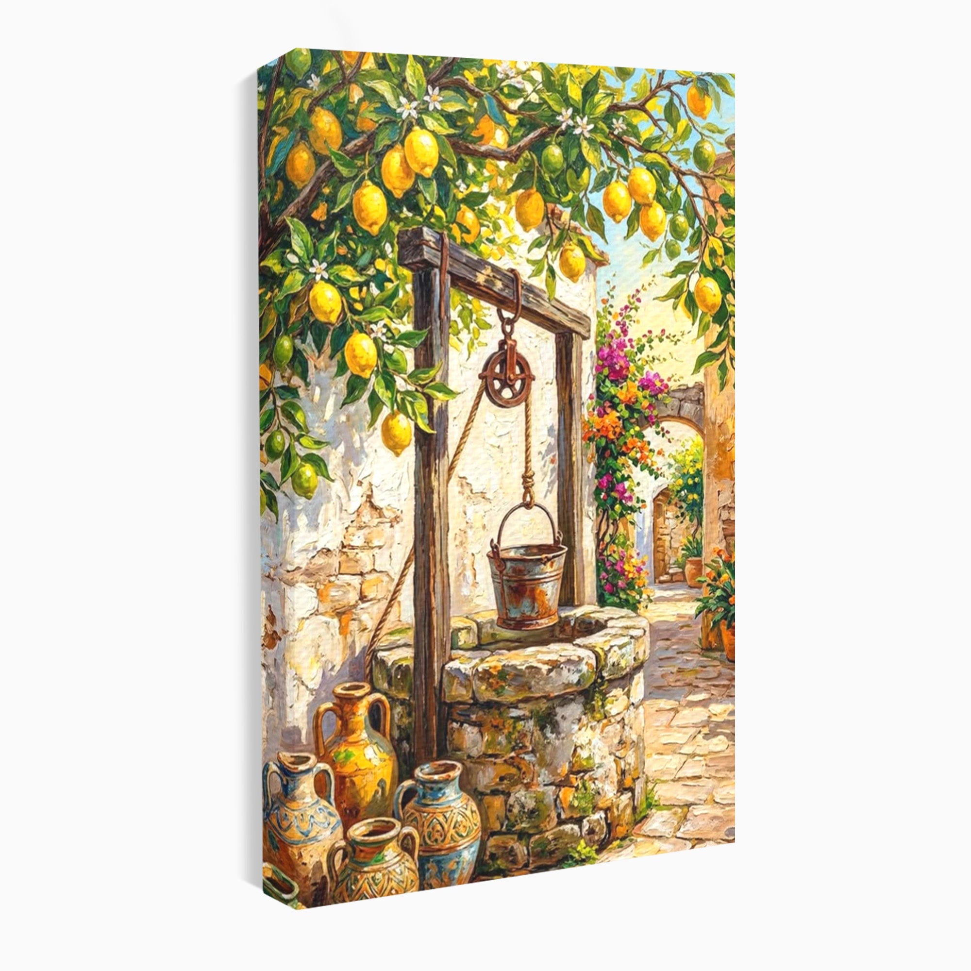 Tablou Canvas Premium LuxCanva® PI1065, Fantana Cu Lamai, Fantana, Lamai, Mediteranean, Rustic, Gradina, Living, Culori Vibrante