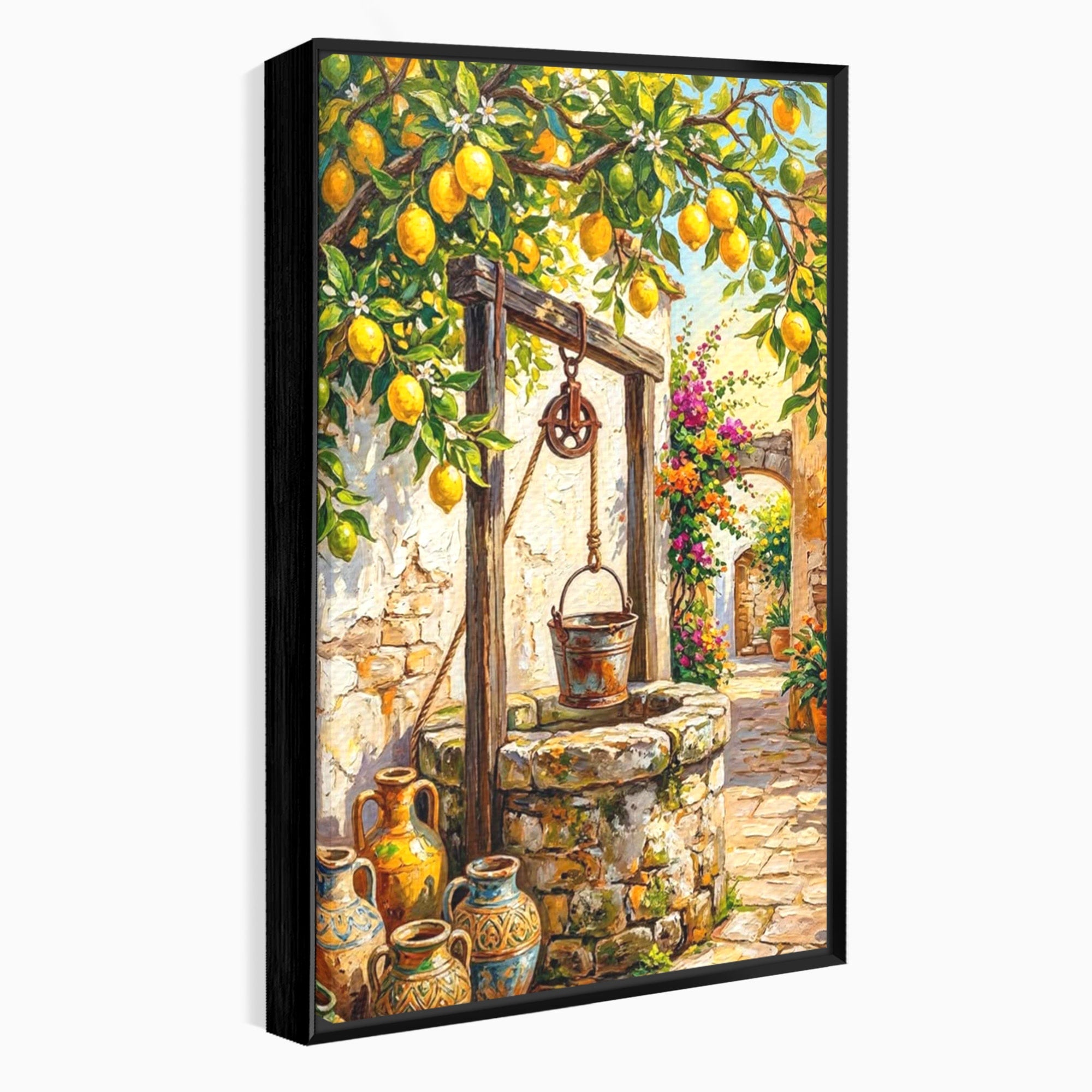 Tablou Canvas Premium LuxCanva® PI1065, Fantana Cu Lamai, Fantana, Lamai, Mediteranean, Rustic, Gradina, Living, Culori Vibrante