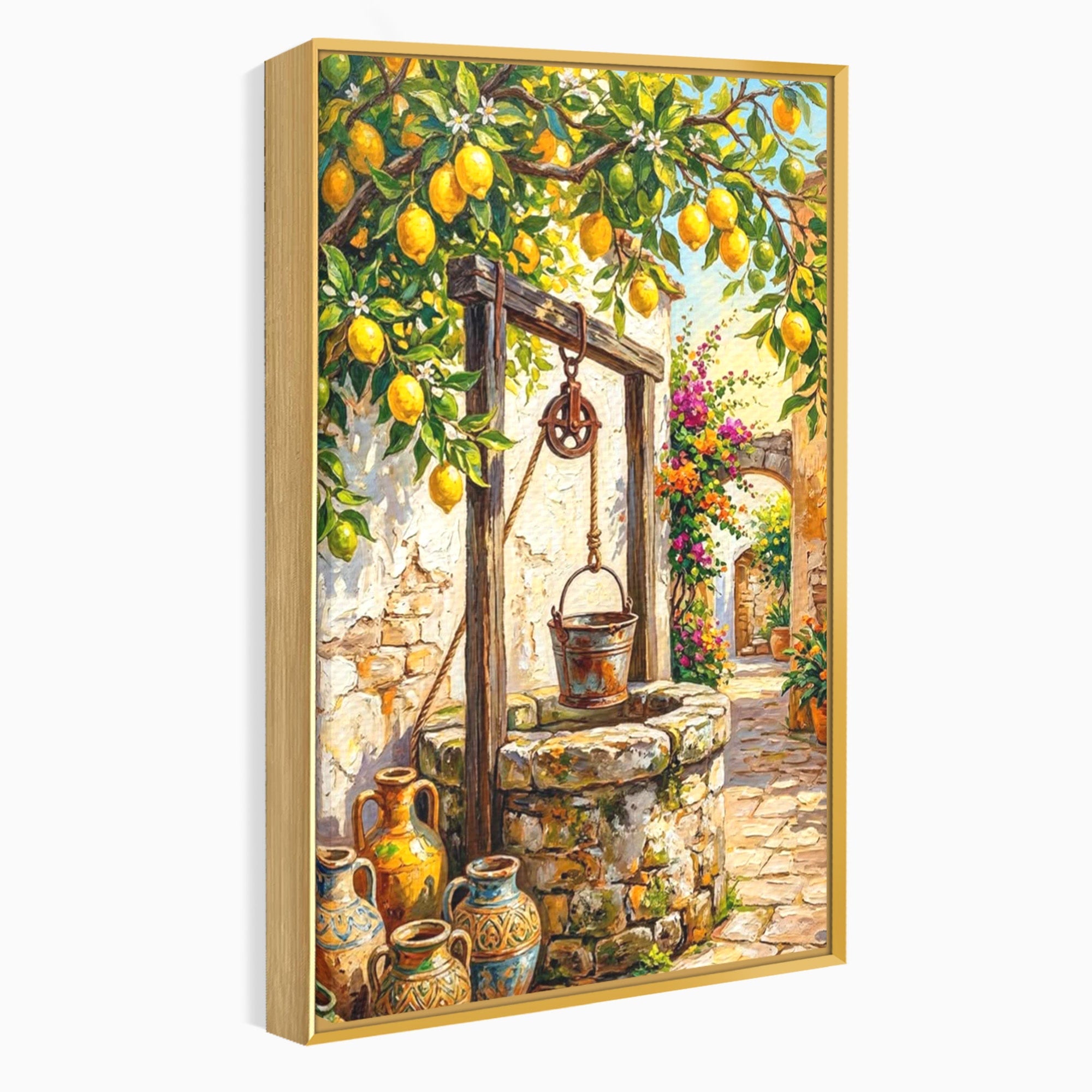 Tablou Canvas Premium LuxCanva® PI1065, Fantana Cu Lamai, Fantana, Lamai, Mediteranean, Rustic, Gradina, Living, Culori Vibrante