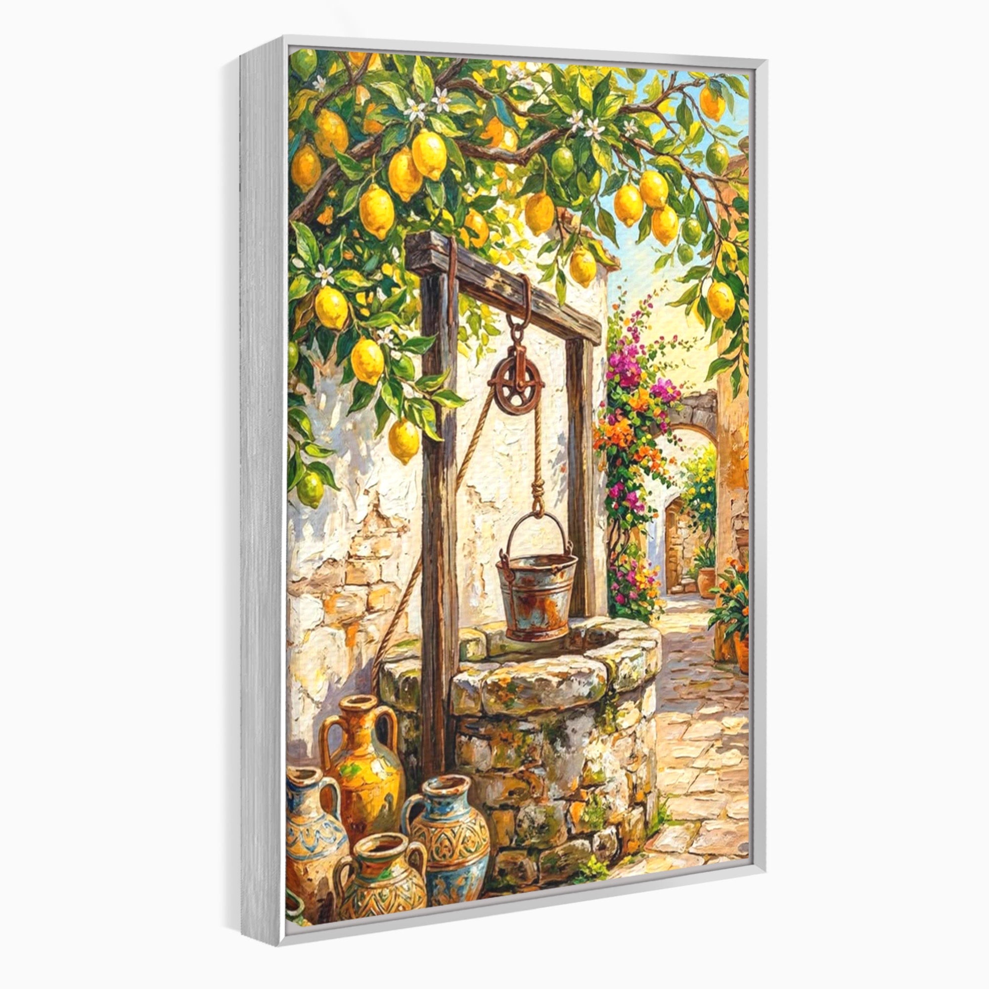 Tablou Canvas Premium LuxCanva® PI1065, Fantana Cu Lamai, Fantana, Lamai, Mediteranean, Rustic, Gradina, Living, Culori Vibrante