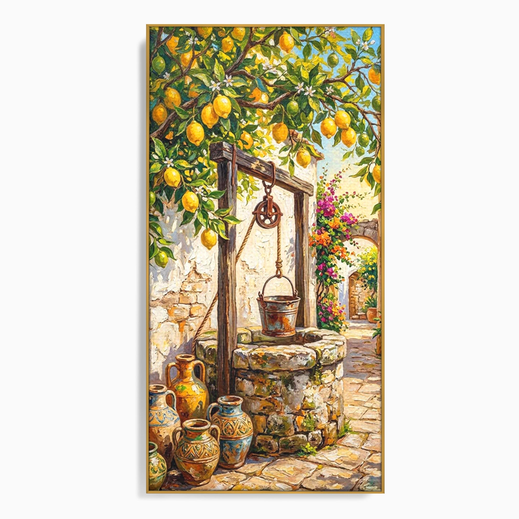 Tablou Canvas Premium LuxCanva® PI1065, Fantana Cu Lamai, Fantana, Lamai, Mediteranean, Rustic, Gradina, Living, Culori Vibrante