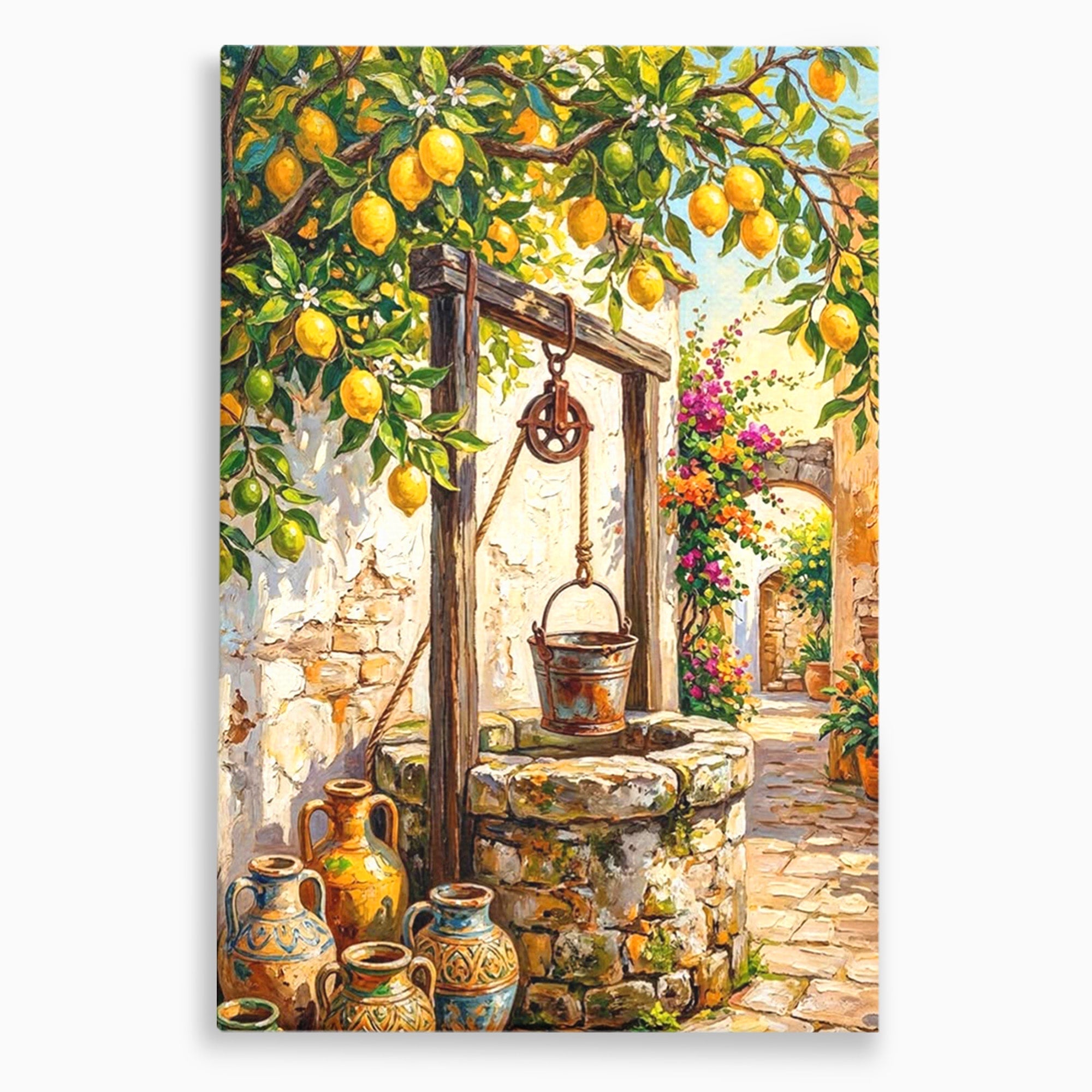 Tablou Canvas Premium LuxCanva® PI1065, Fantana Cu Lamai, Fantana, Lamai, Mediteranean, Rustic, Gradina, Living, Culori Vibrante