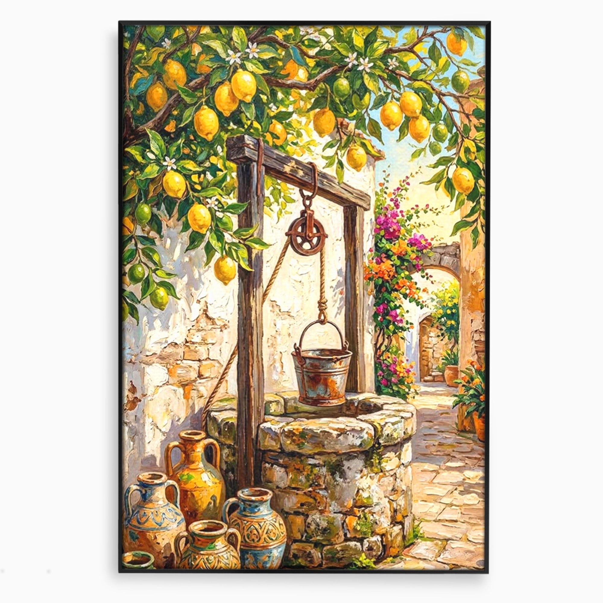 Tablou Canvas Premium LuxCanva® PI1065, Fantana Cu Lamai, Fantana, Lamai, Mediteranean, Rustic, Gradina, Living, Culori Vibrante