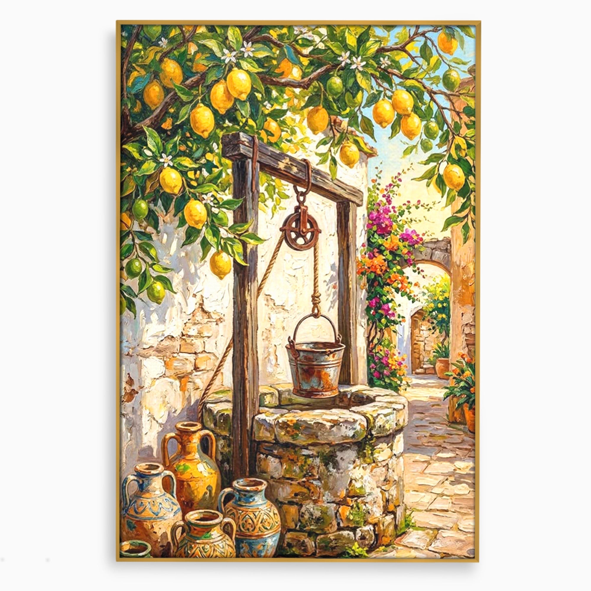 Tablou Canvas Premium LuxCanva® PI1065, Fantana Cu Lamai, Fantana, Lamai, Mediteranean, Rustic, Gradina, Living, Culori Vibrante