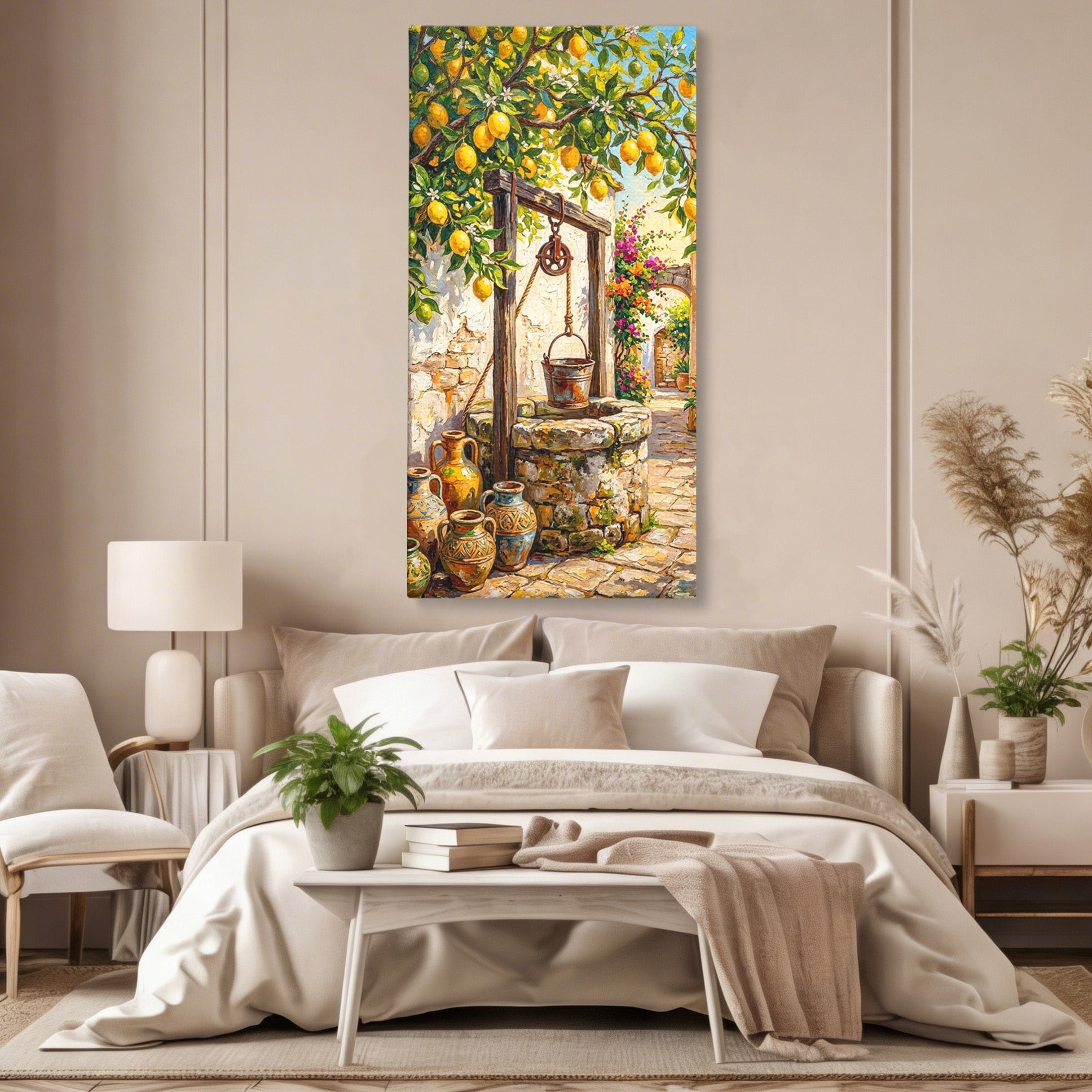 Tablou Canvas Premium LuxCanva® PI1065, Fantana Cu Lamai, Fantana, Lamai, Mediteranean, Rustic, Gradina, Living, Culori Vibrante