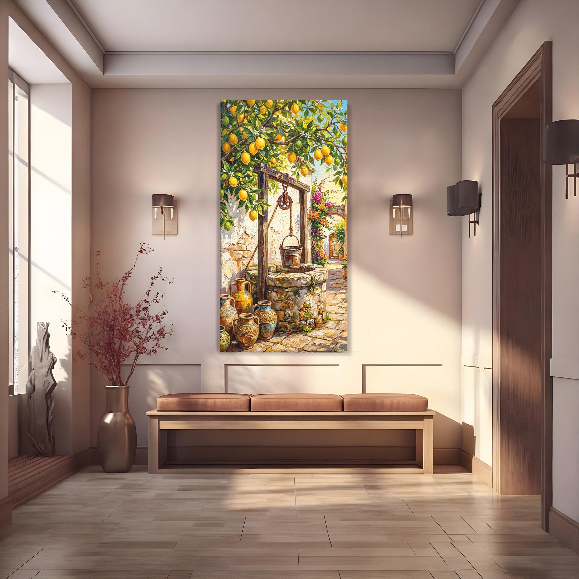 Tablou Canvas Premium LuxCanva® PI1065, Fantana Cu Lamai, Fantana, Lamai, Mediteranean, Rustic, Gradina, Living, Culori Vibrante