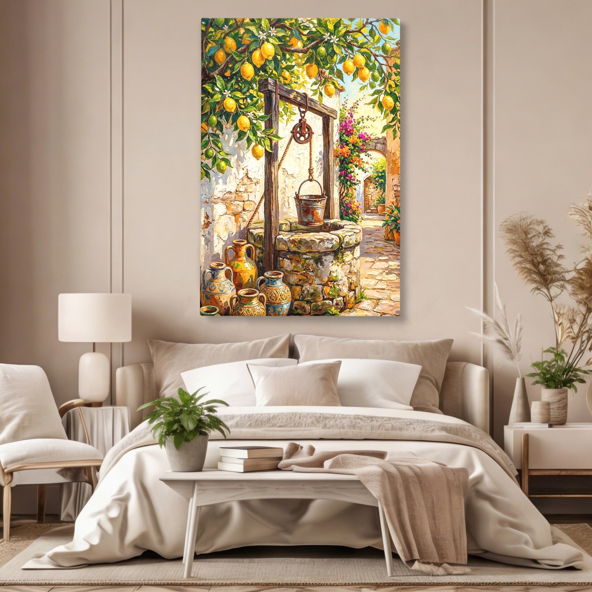 Tablou Canvas Premium LuxCanva® PI1065, Fantana Cu Lamai, Fantana, Lamai, Mediteranean, Rustic, Gradina, Living, Culori Vibrante