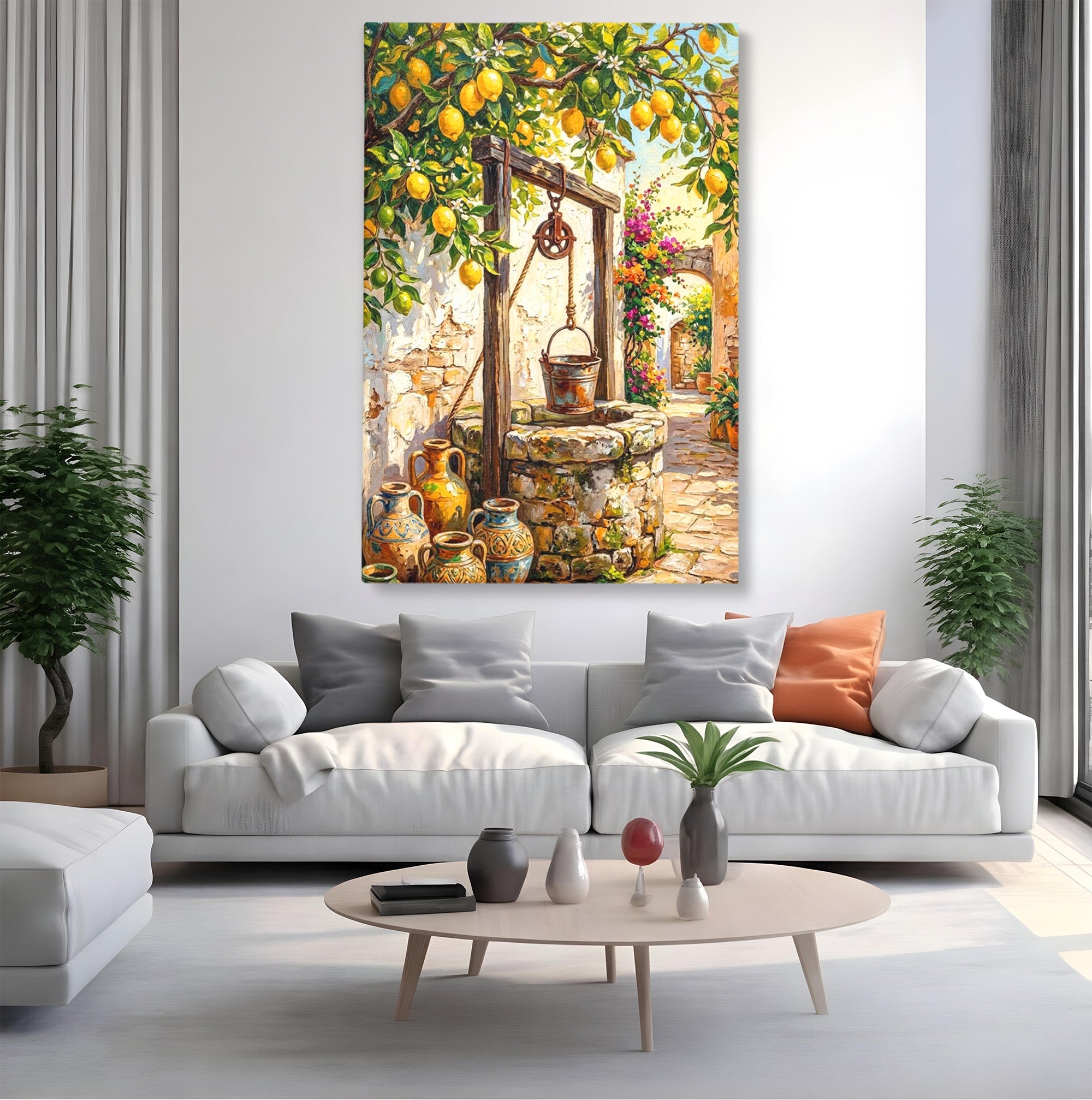 Tablou Canvas Premium LuxCanva® PI1065, Fantana Cu Lamai, Fantana, Lamai, Mediteranean, Rustic, Gradina, Living, Culori Vibrante