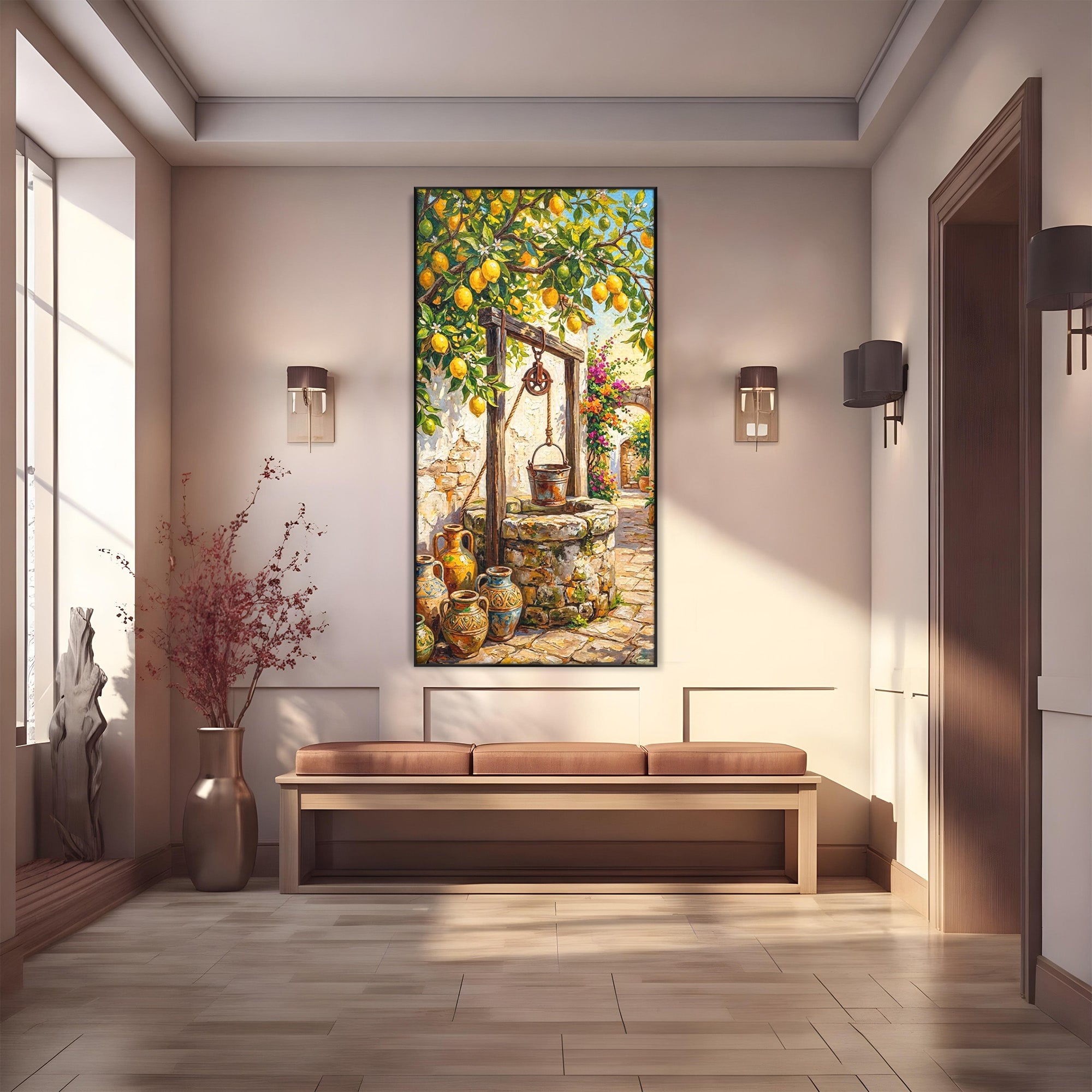 Tablou Canvas Premium LuxCanva® PI1065, Fantana Cu Lamai, Fantana, Lamai, Mediteranean, Rustic, Gradina, Living, Culori Vibrante