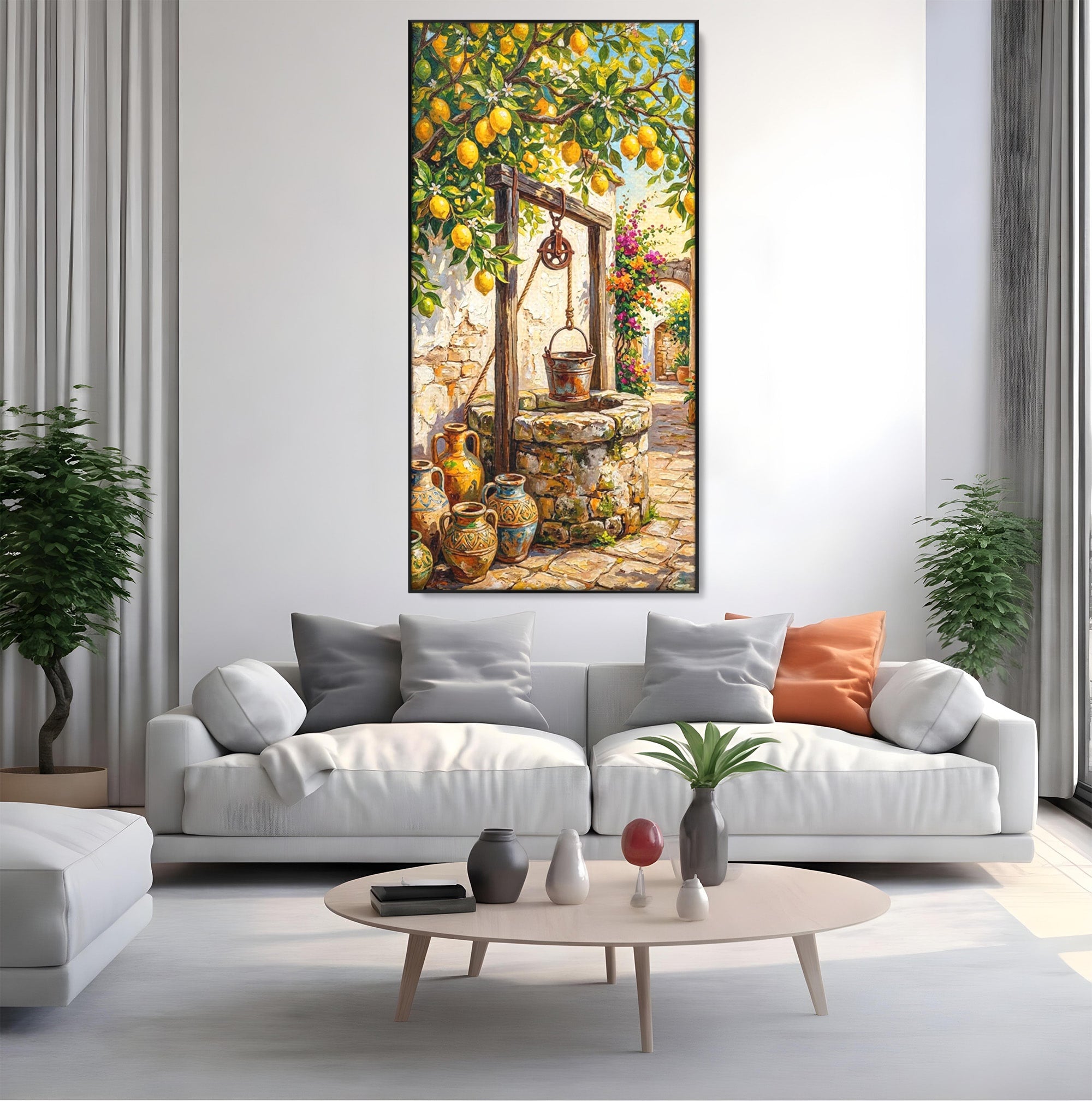 Tablou Canvas Premium LuxCanva® PI1065, Fantana Cu Lamai, Fantana, Lamai, Mediteranean, Rustic, Gradina, Living, Culori Vibrante