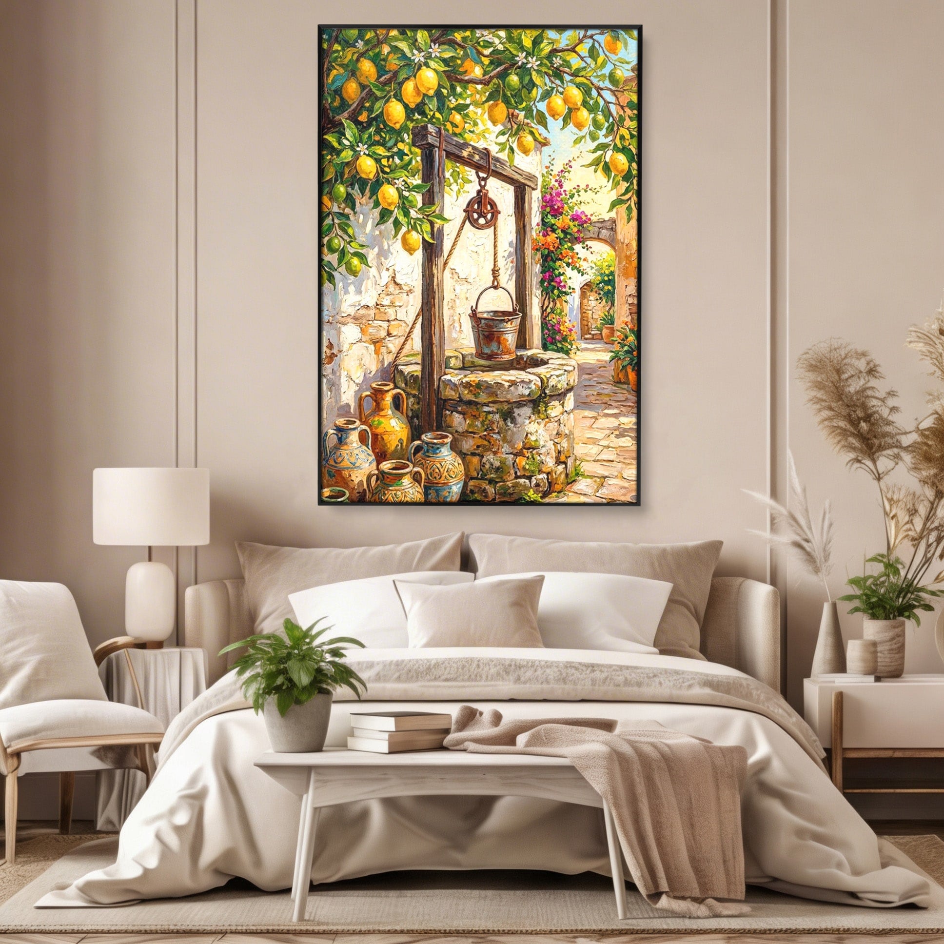 Tablou Canvas Premium LuxCanva® PI1065, Fantana Cu Lamai, Fantana, Lamai, Mediteranean, Rustic, Gradina, Living, Culori Vibrante