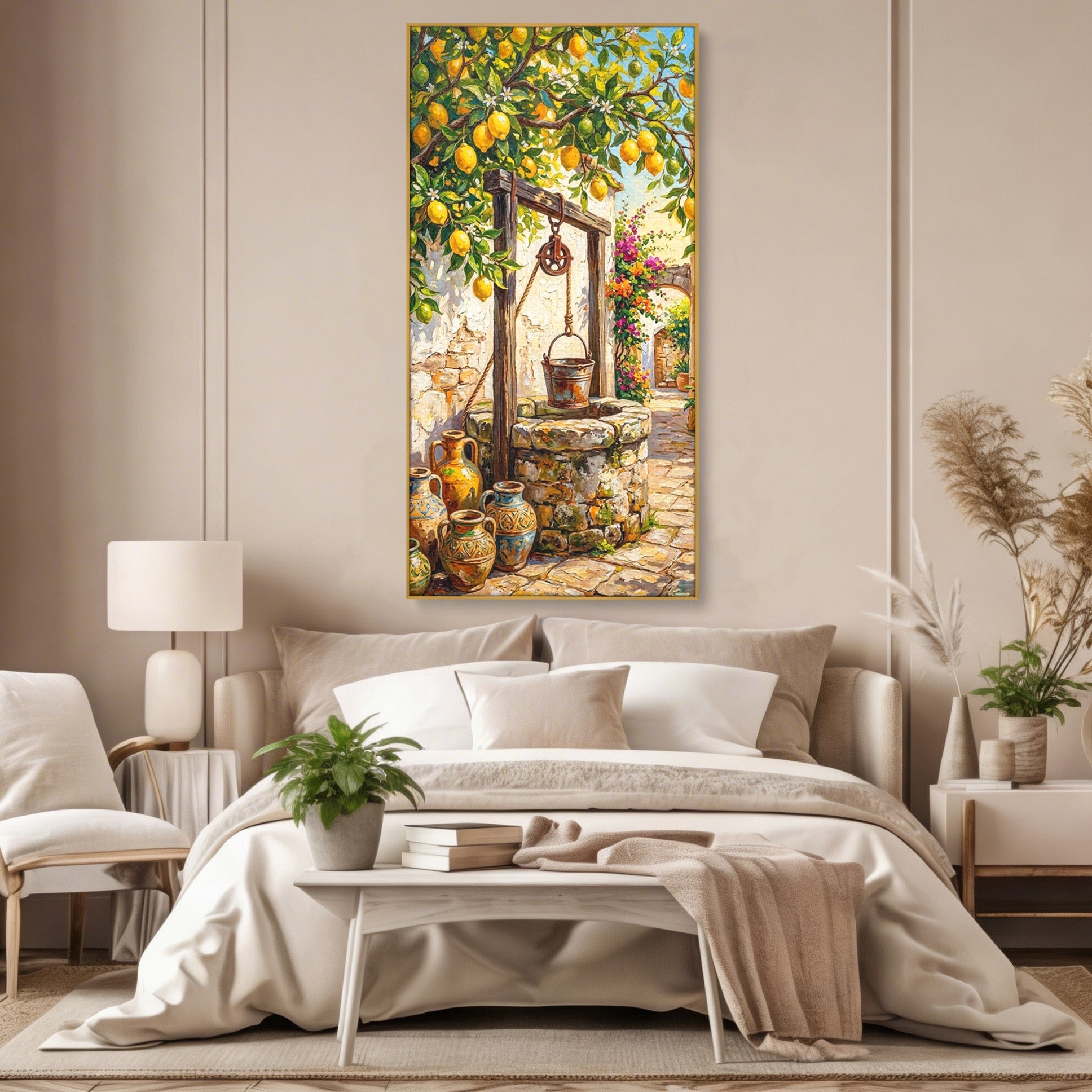 Tablou Canvas Premium LuxCanva® PI1065, Fantana Cu Lamai, Fantana, Lamai, Mediteranean, Rustic, Gradina, Living, Culori Vibrante