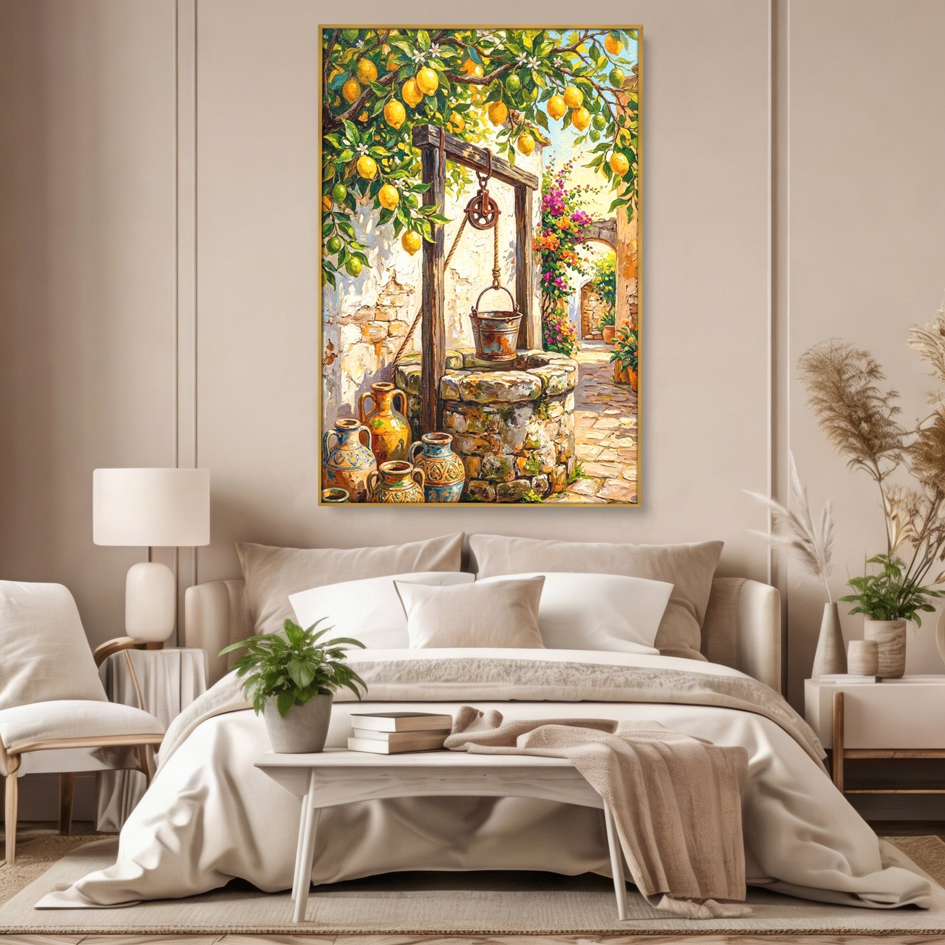 Tablou Canvas Premium LuxCanva® PI1065, Fantana Cu Lamai, Fantana, Lamai, Mediteranean, Rustic, Gradina, Living, Culori Vibrante