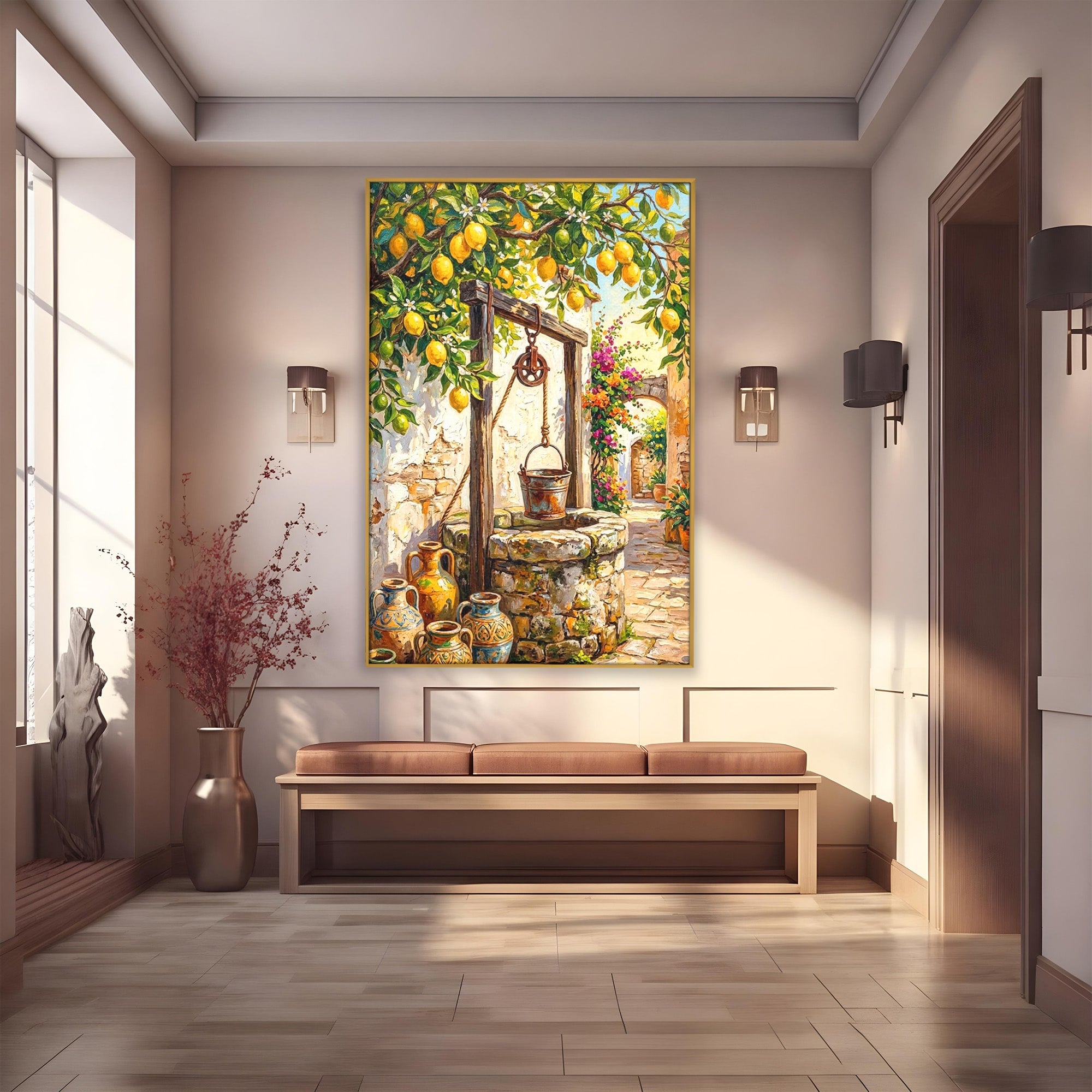 Tablou Canvas Premium LuxCanva® PI1065, Fantana Cu Lamai, Fantana, Lamai, Mediteranean, Rustic, Gradina, Living, Culori Vibrante