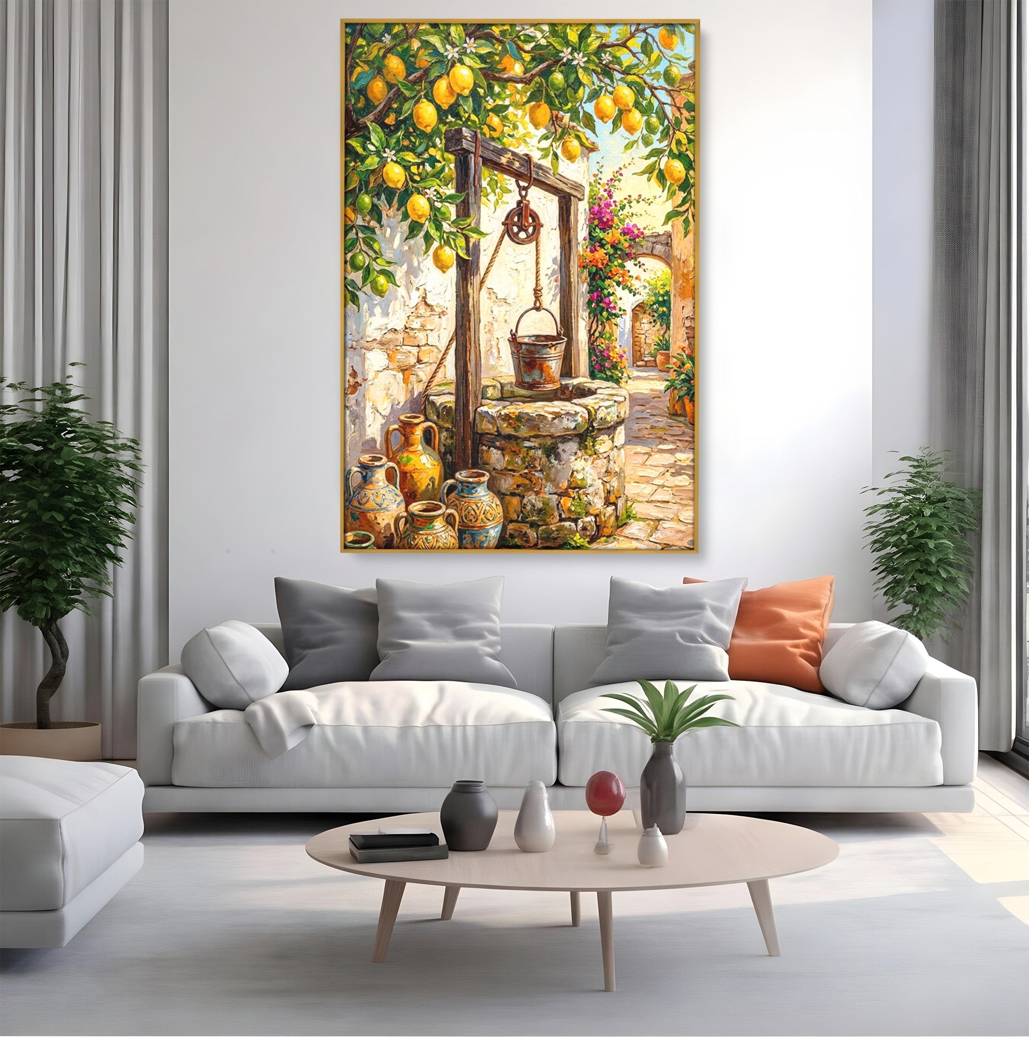 Tablou Canvas Premium LuxCanva® PI1065, Fantana Cu Lamai, Fantana, Lamai, Mediteranean, Rustic, Gradina, Living, Culori Vibrante