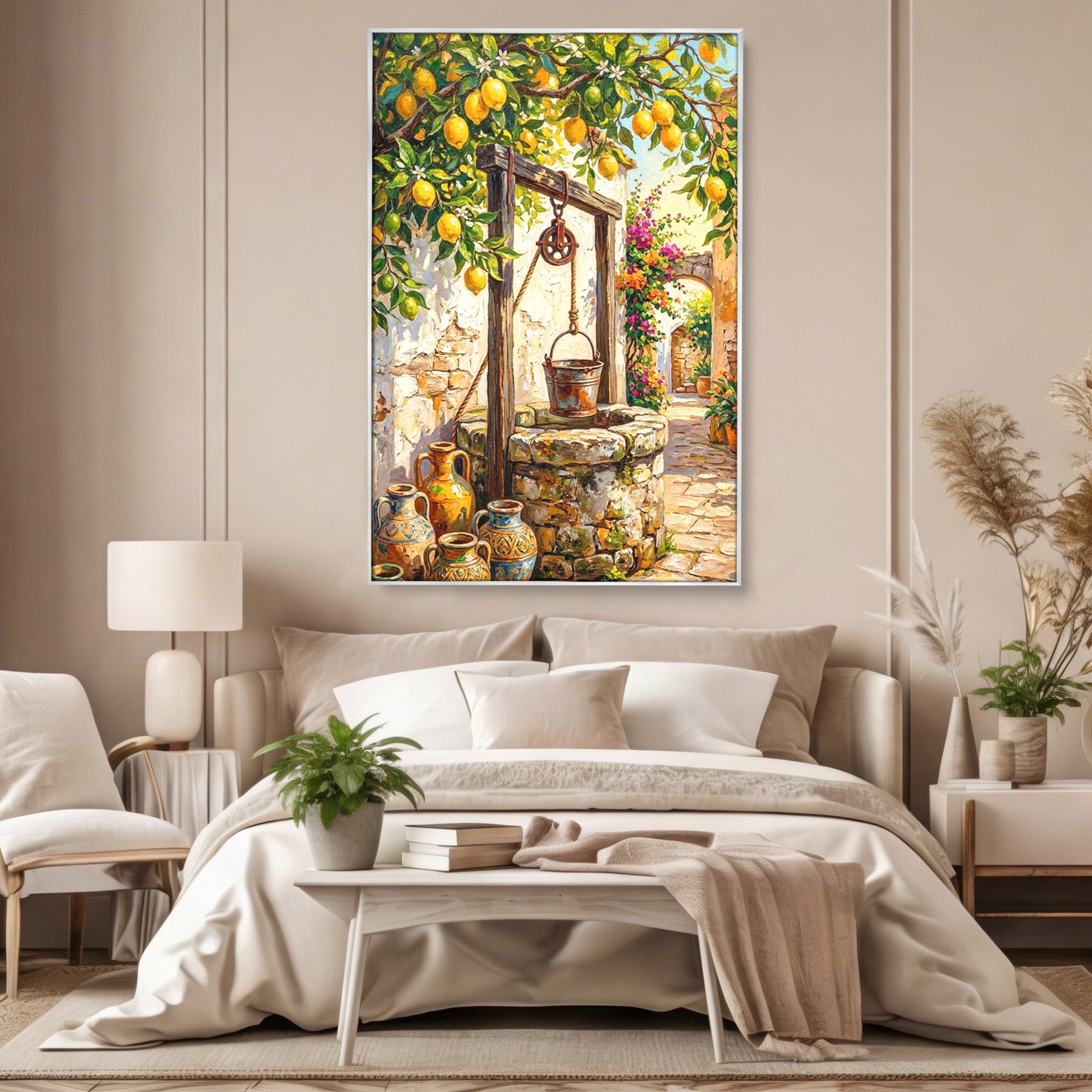 Tablou Canvas Premium LuxCanva® PI1065, Fantana Cu Lamai, Fantana, Lamai, Mediteranean, Rustic, Gradina, Living, Culori Vibrante