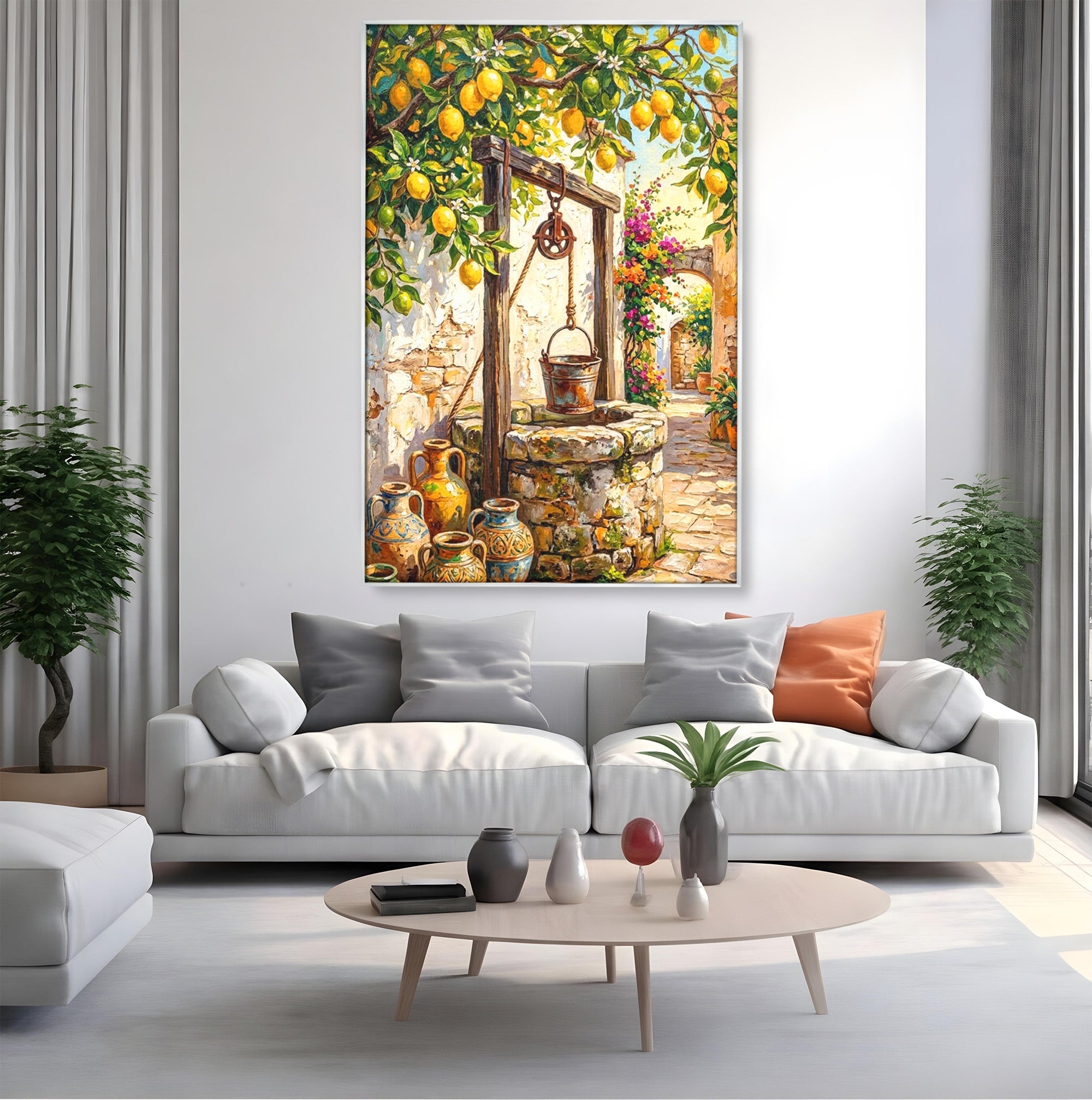 Tablou Canvas Premium LuxCanva® PI1065, Fantana Cu Lamai, Fantana, Lamai, Mediteranean, Rustic, Gradina, Living, Culori Vibrante