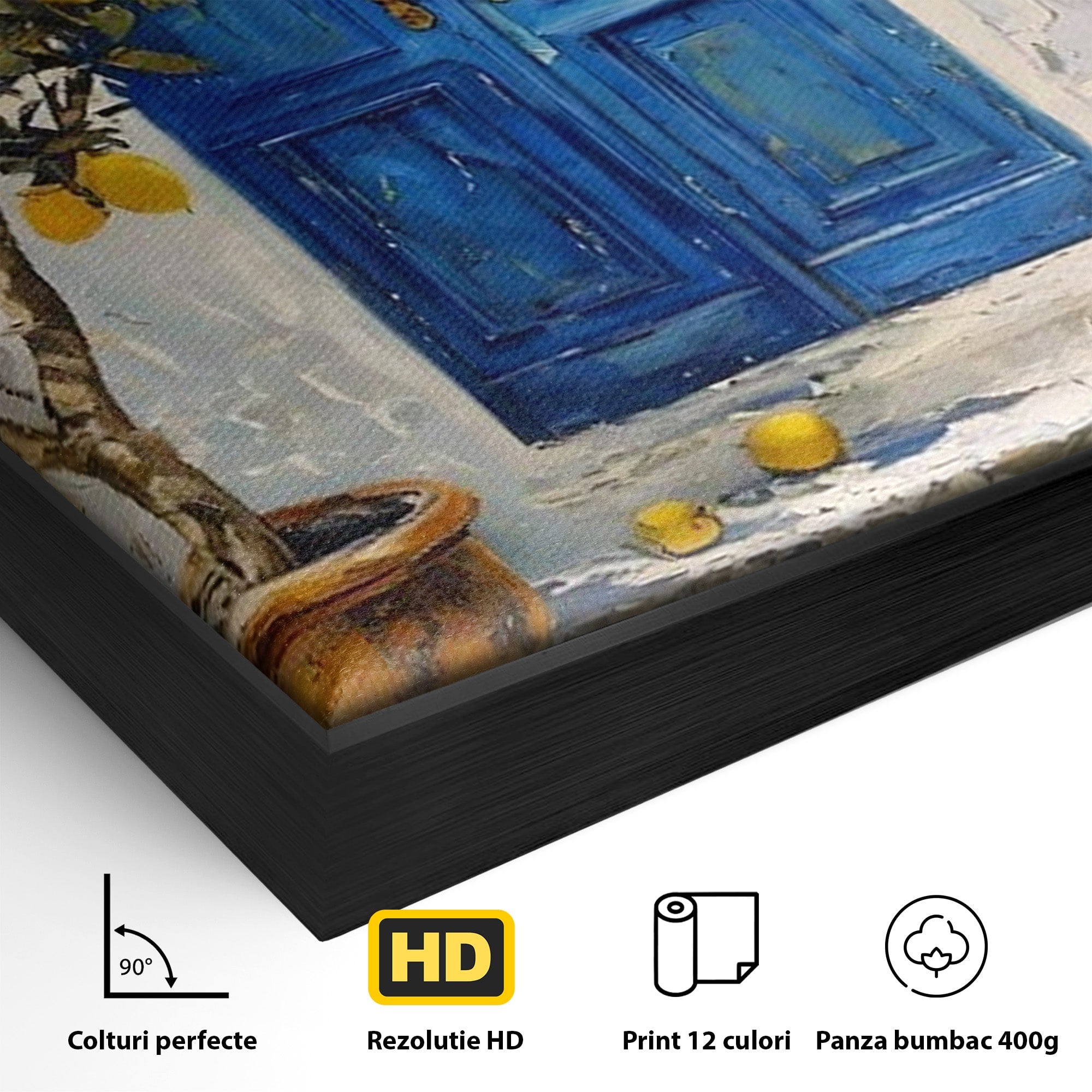 Tablou Canvas Premium LuxCanva® PI1066, Poarta Albastra Cu Lamai, Poarta, Lamai, Mediterranean, Living, Natura, Culori Vibrante