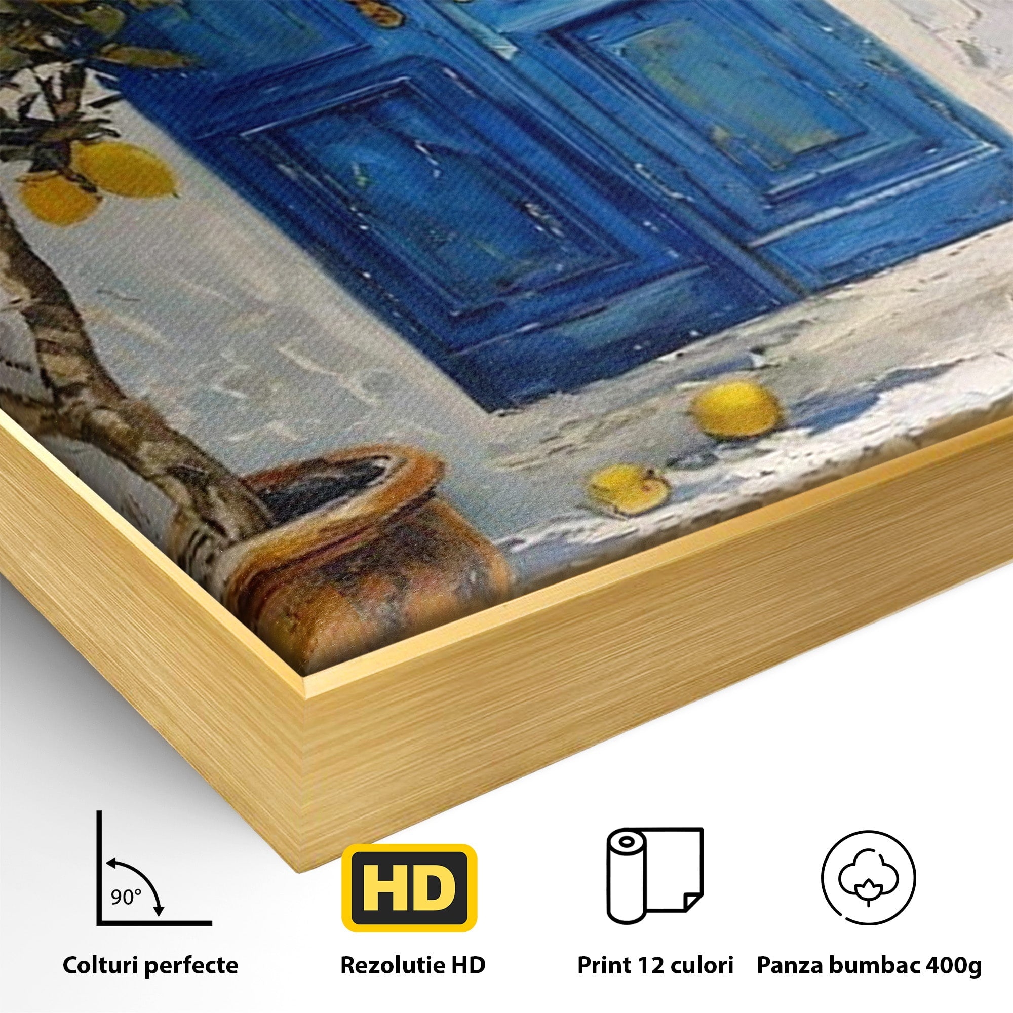 Tablou Canvas Premium LuxCanva® PI1066, Poarta Albastra Cu Lamai, Poarta, Lamai, Mediterranean, Living, Natura, Culori Vibrante