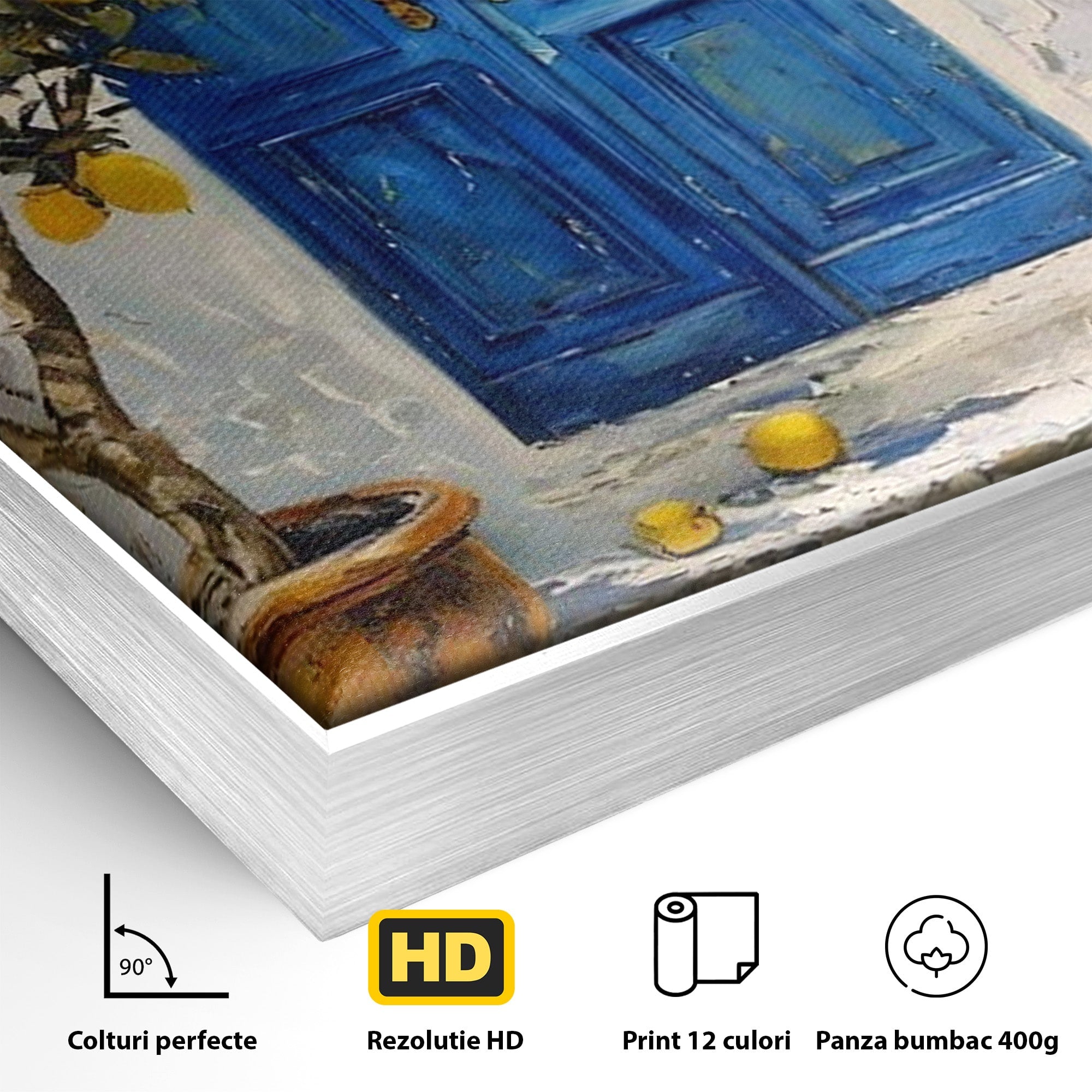 Tablou Canvas Premium LuxCanva® PI1066, Poarta Albastra Cu Lamai, Poarta, Lamai, Mediterranean, Living, Natura, Culori Vibrante