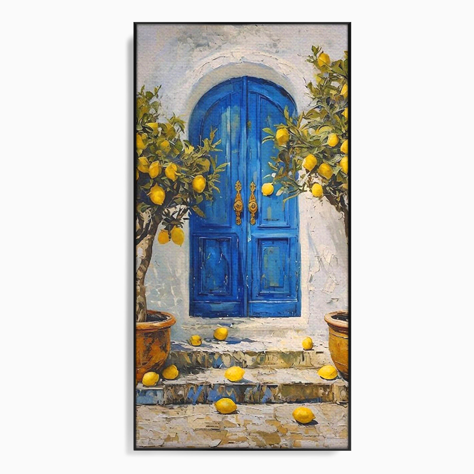 Tablou Canvas Premium LuxCanva® PI1066, Poarta Albastra Cu Lamai, Poarta, Lamai, Mediterranean, Living, Natura, Culori Vibrante