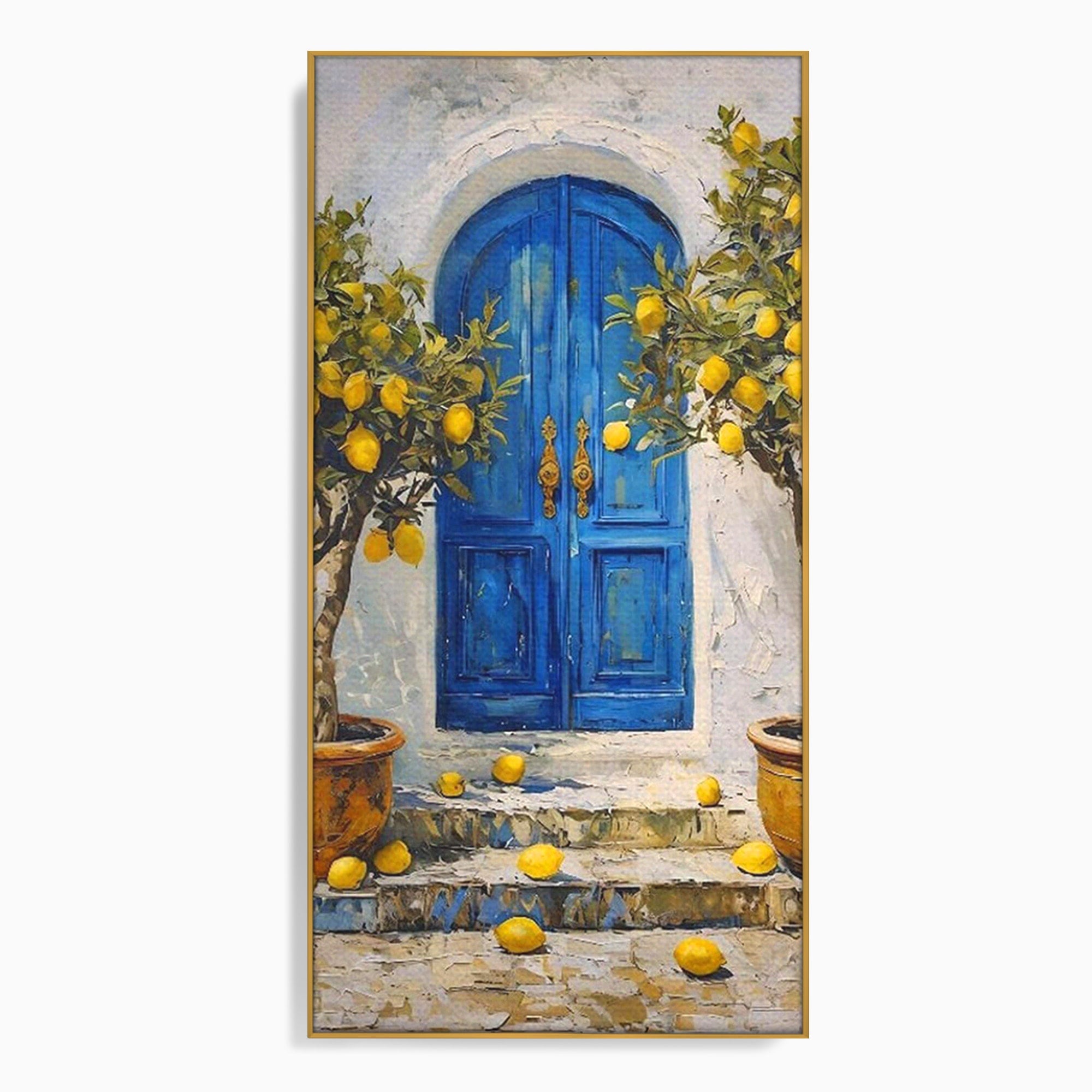 Tablou Canvas Premium LuxCanva® PI1066, Poarta Albastra Cu Lamai, Poarta, Lamai, Mediterranean, Living, Natura, Culori Vibrante