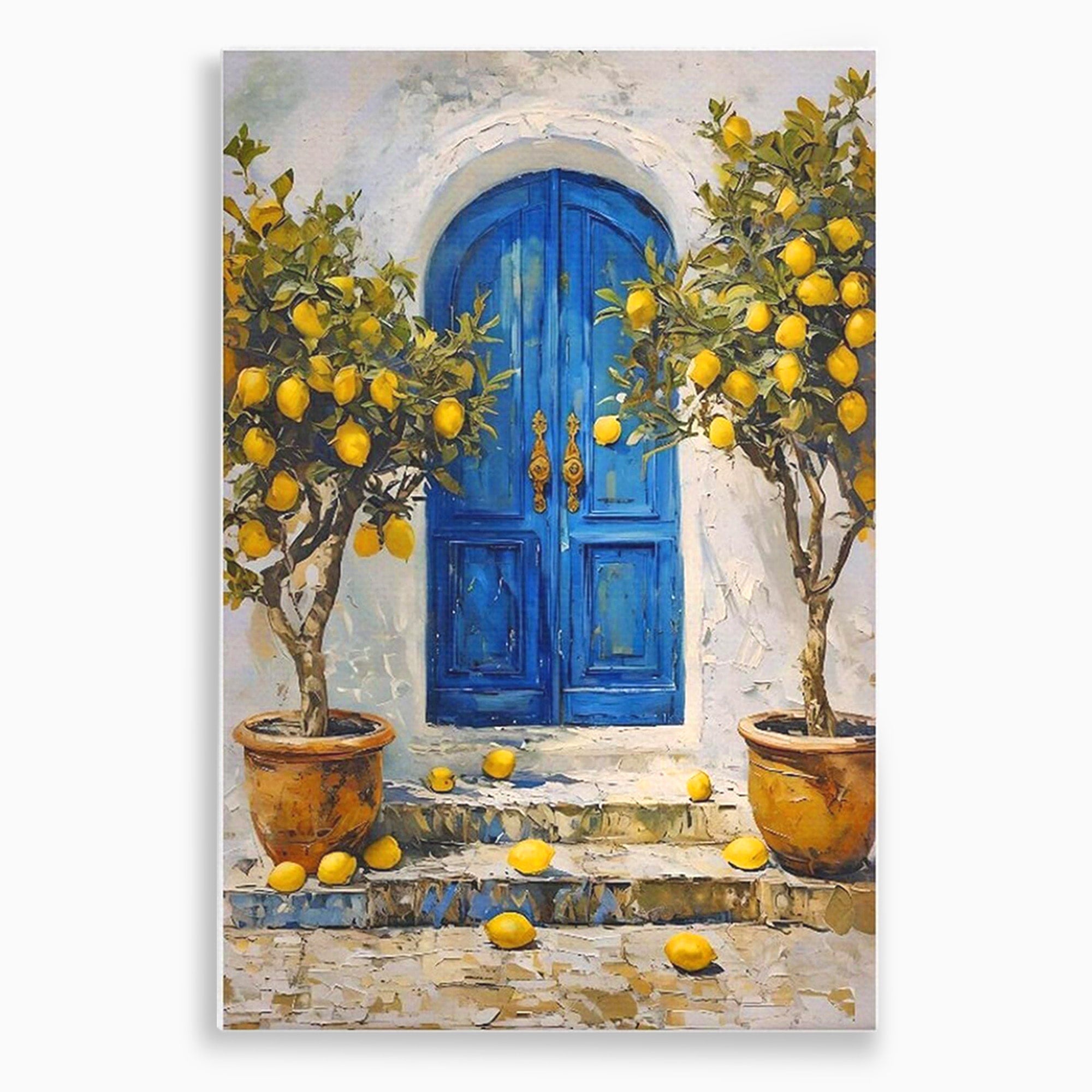 Tablou Canvas Premium LuxCanva® PI1066, Poarta Albastra Cu Lamai, Poarta, Lamai, Mediterranean, Living, Natura, Culori Vibrante