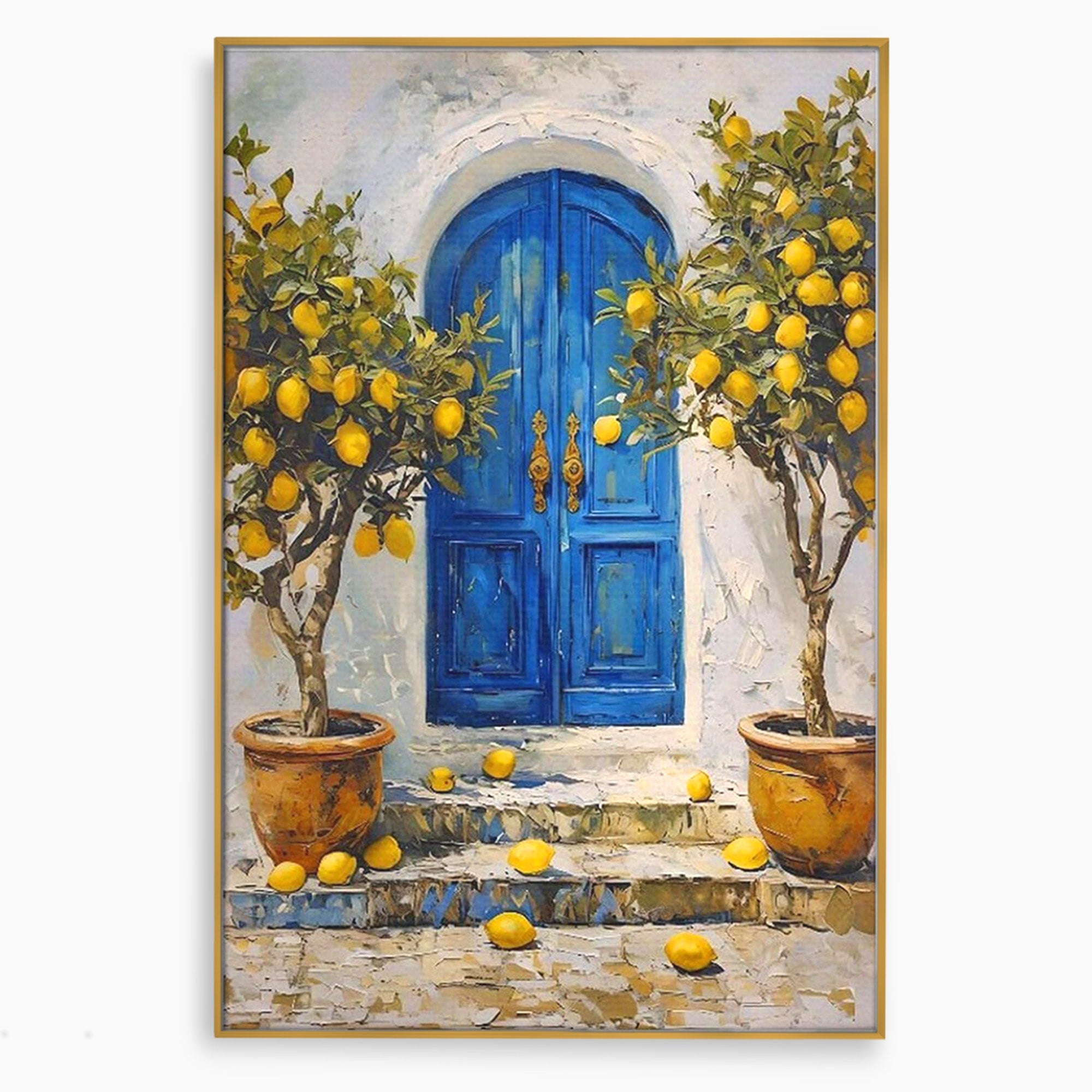 Tablou Canvas Premium LuxCanva® PI1066, Poarta Albastra Cu Lamai, Poarta, Lamai, Mediterranean, Living, Natura, Culori Vibrante