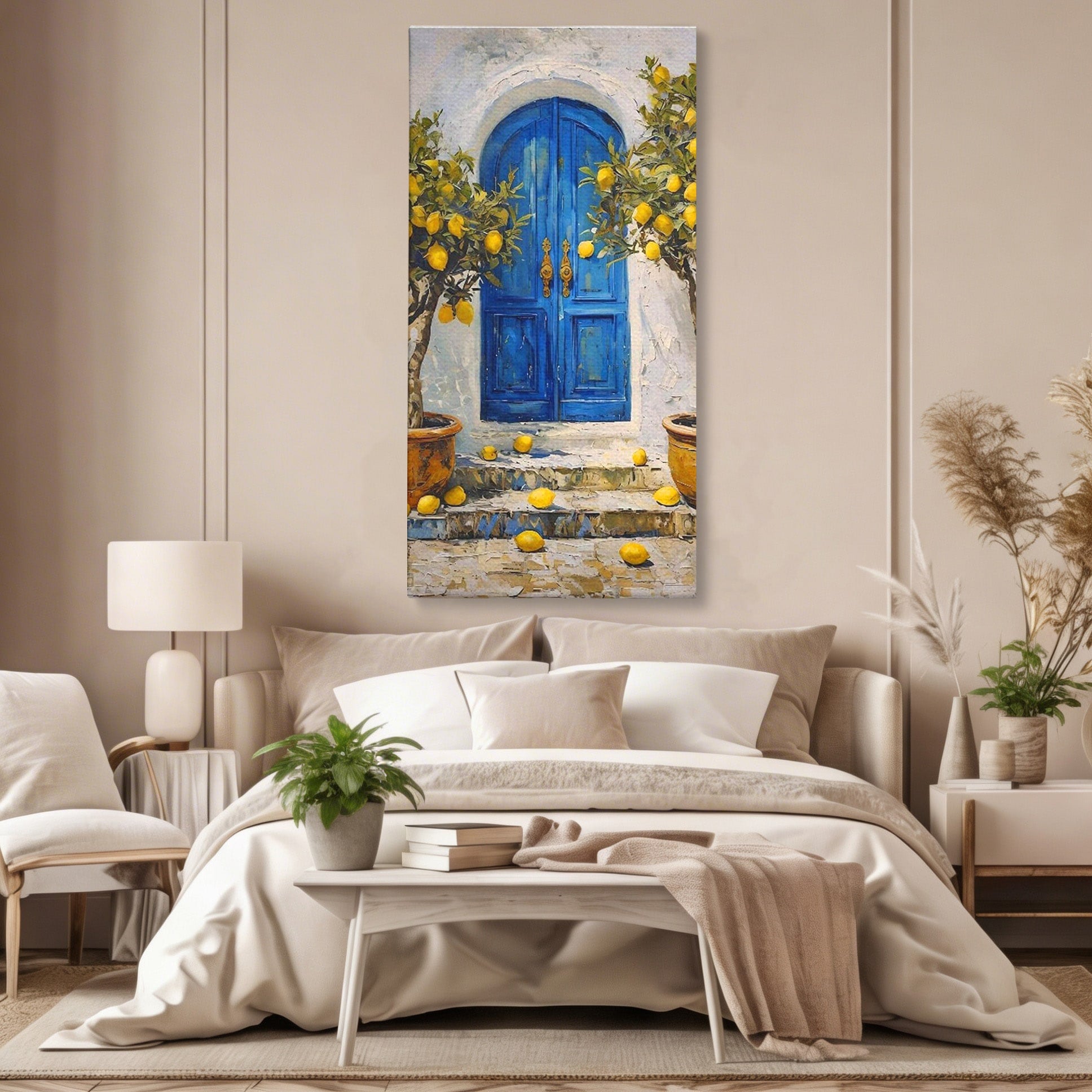 Tablou Canvas Premium LuxCanva® PI1066, Poarta Albastra Cu Lamai, Poarta, Lamai, Mediterranean, Living, Natura, Culori Vibrante