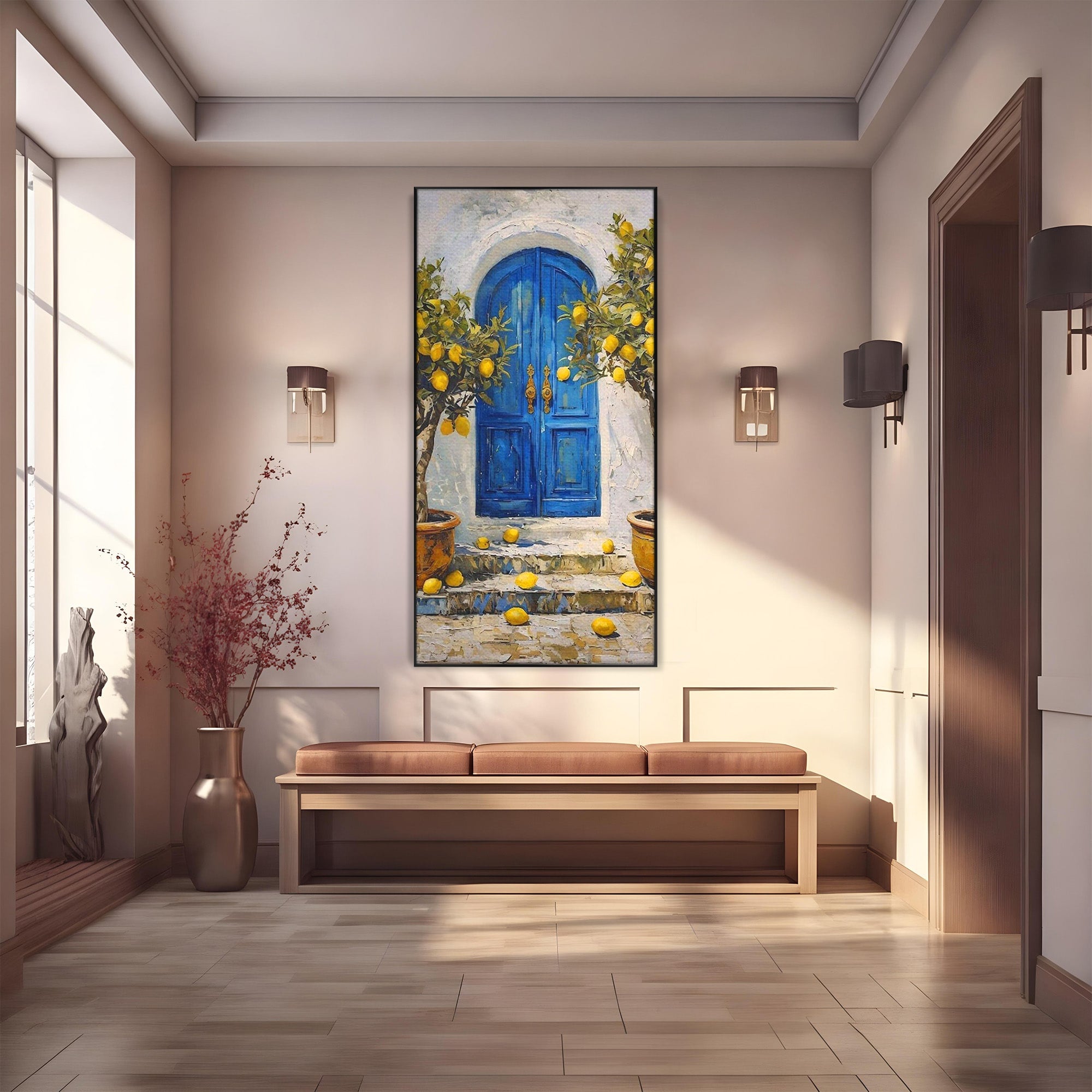 Tablou Canvas Premium LuxCanva® PI1066, Poarta Albastra Cu Lamai, Poarta, Lamai, Mediterranean, Living, Natura, Culori Vibrante
