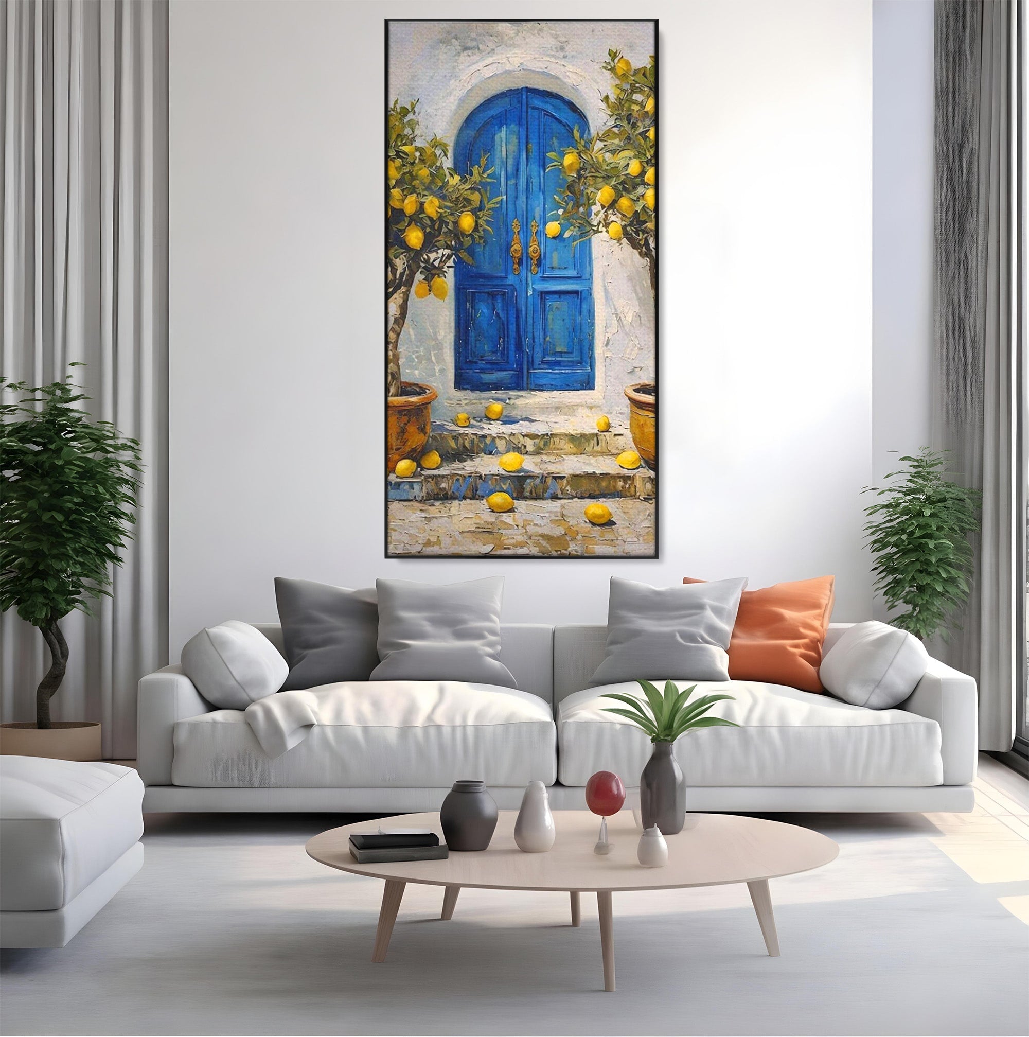 Tablou Canvas Premium LuxCanva® PI1066, Poarta Albastra Cu Lamai, Poarta, Lamai, Mediterranean, Living, Natura, Culori Vibrante
