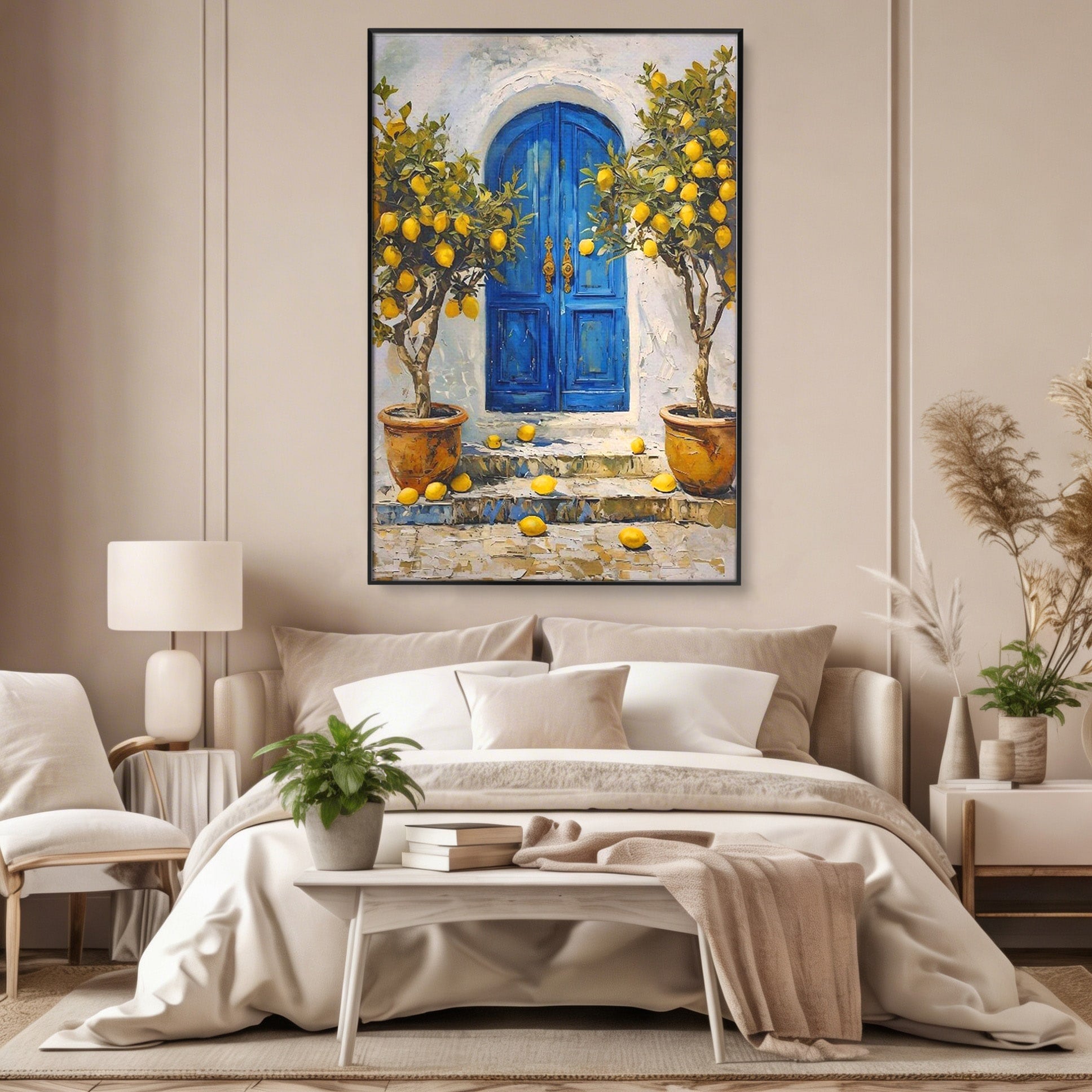 Tablou Canvas Premium LuxCanva® PI1066, Poarta Albastra Cu Lamai, Poarta, Lamai, Mediterranean, Living, Natura, Culori Vibrante