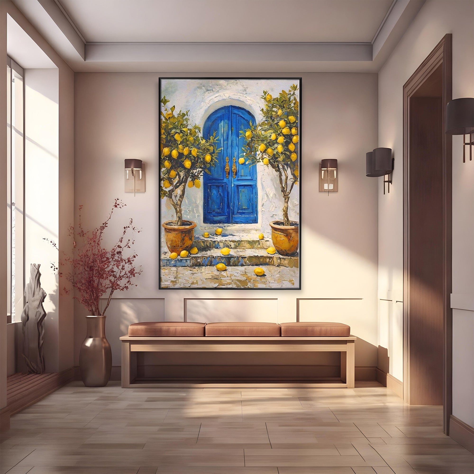 Tablou Canvas Premium LuxCanva® PI1066, Poarta Albastra Cu Lamai, Poarta, Lamai, Mediterranean, Living, Natura, Culori Vibrante