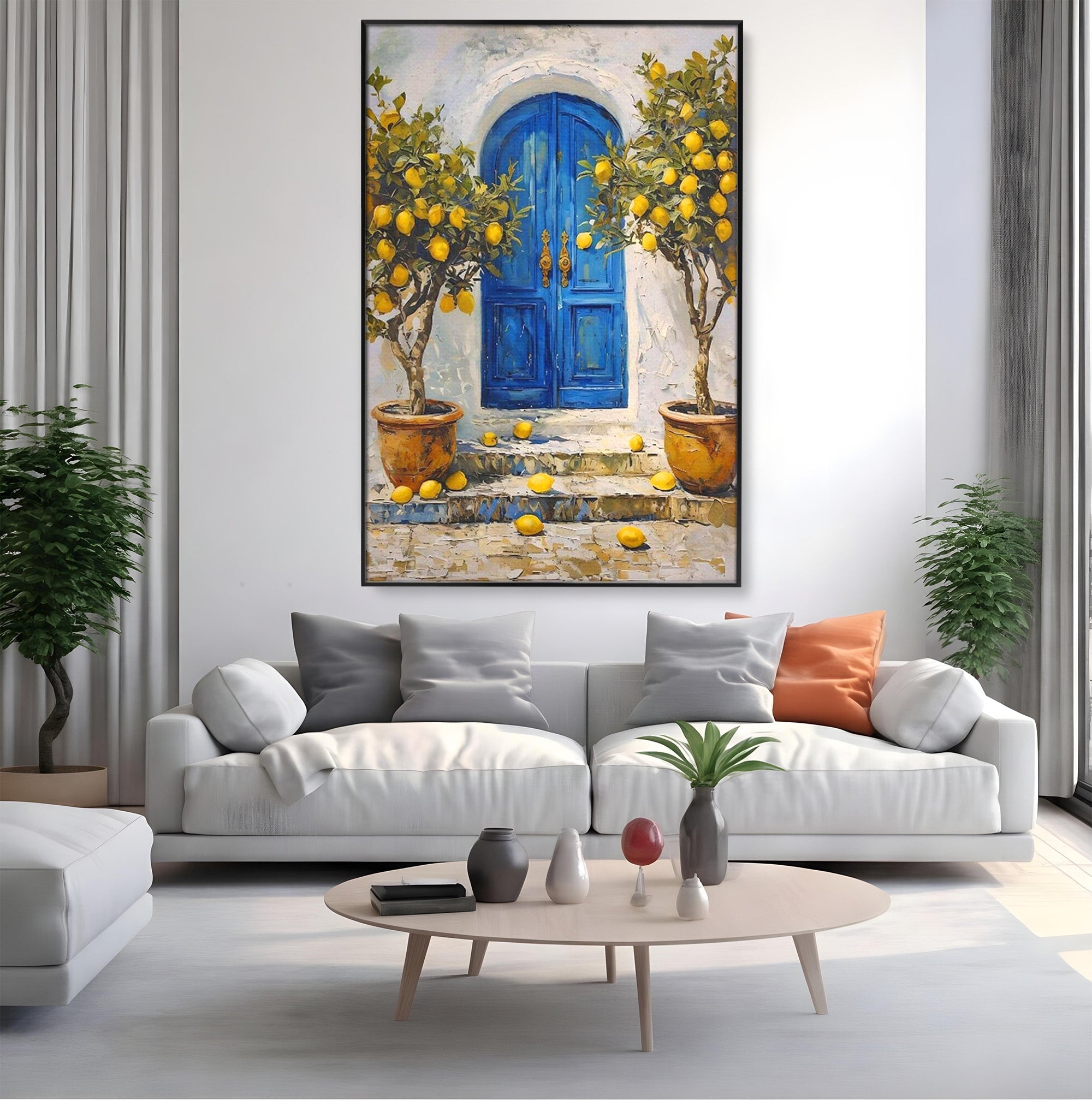 Tablou Canvas Premium LuxCanva® PI1066, Poarta Albastra Cu Lamai, Poarta, Lamai, Mediterranean, Living, Natura, Culori Vibrante