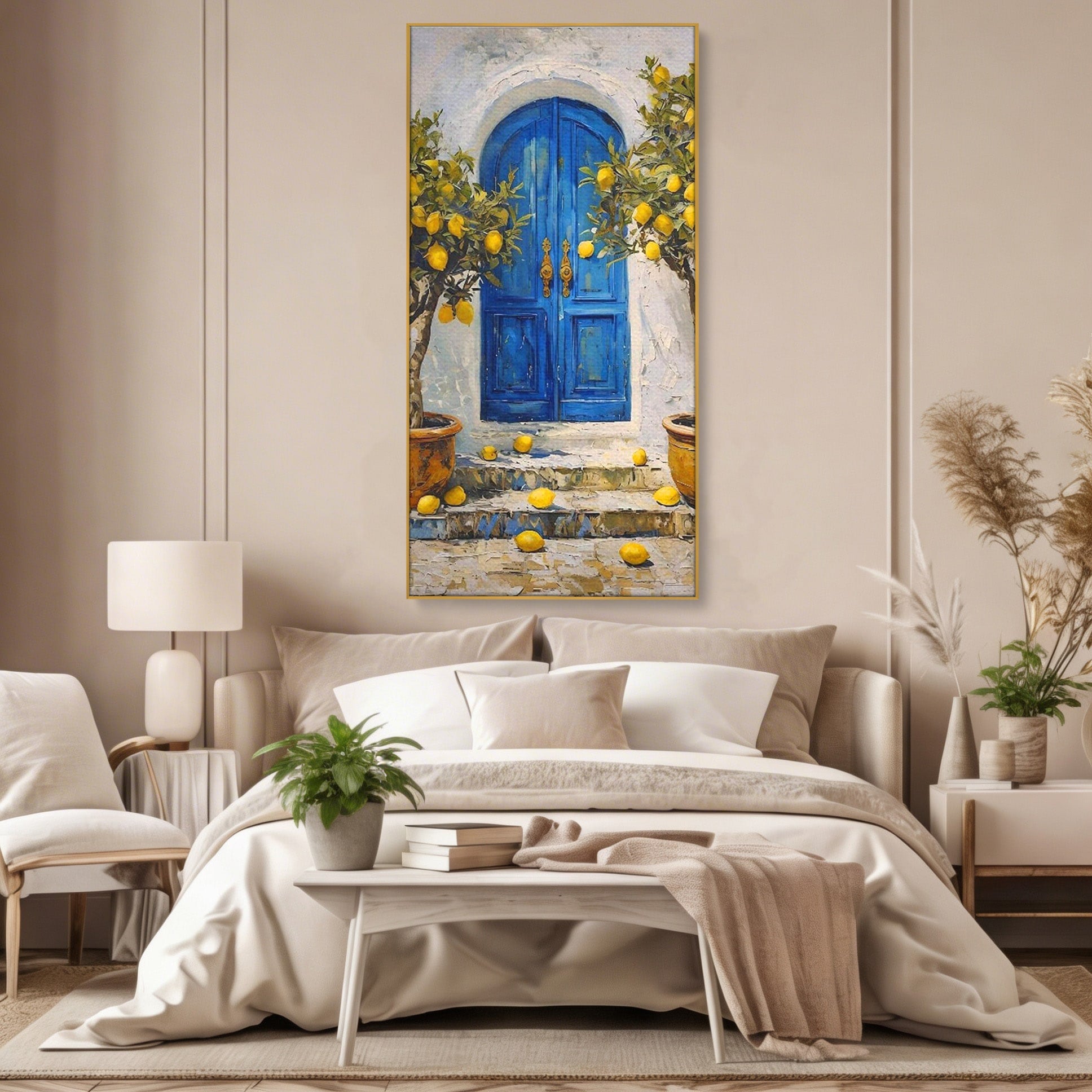 Tablou Canvas Premium LuxCanva® PI1066, Poarta Albastra Cu Lamai, Poarta, Lamai, Mediterranean, Living, Natura, Culori Vibrante