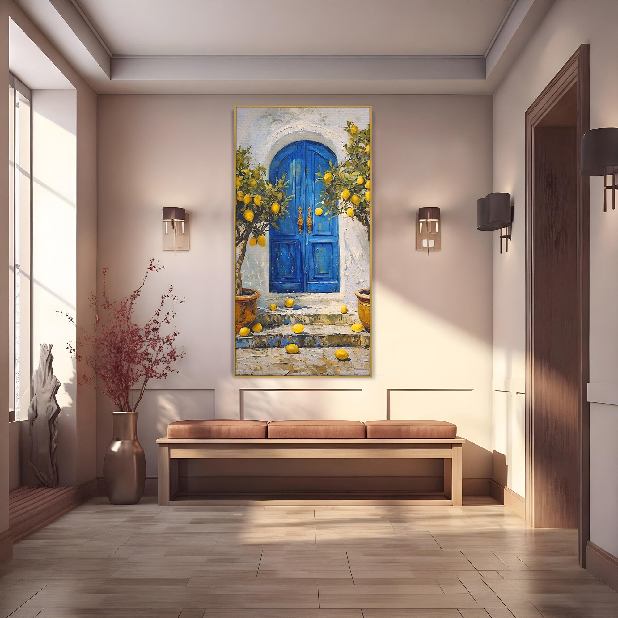 Tablou Canvas Premium LuxCanva® PI1066, Poarta Albastra Cu Lamai, Poarta, Lamai, Mediterranean, Living, Natura, Culori Vibrante