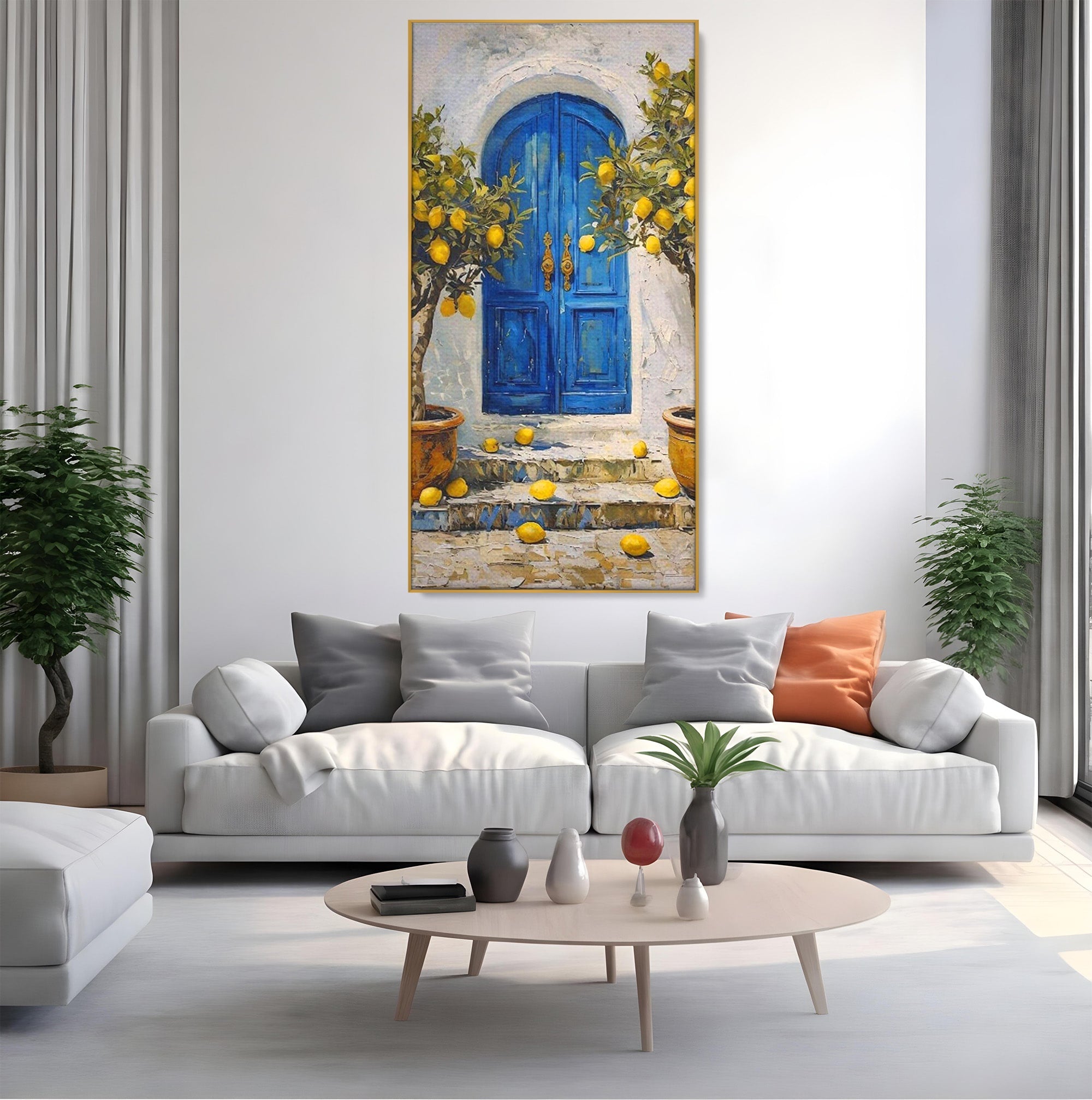 Tablou Canvas Premium LuxCanva® PI1066, Poarta Albastra Cu Lamai, Poarta, Lamai, Mediterranean, Living, Natura, Culori Vibrante