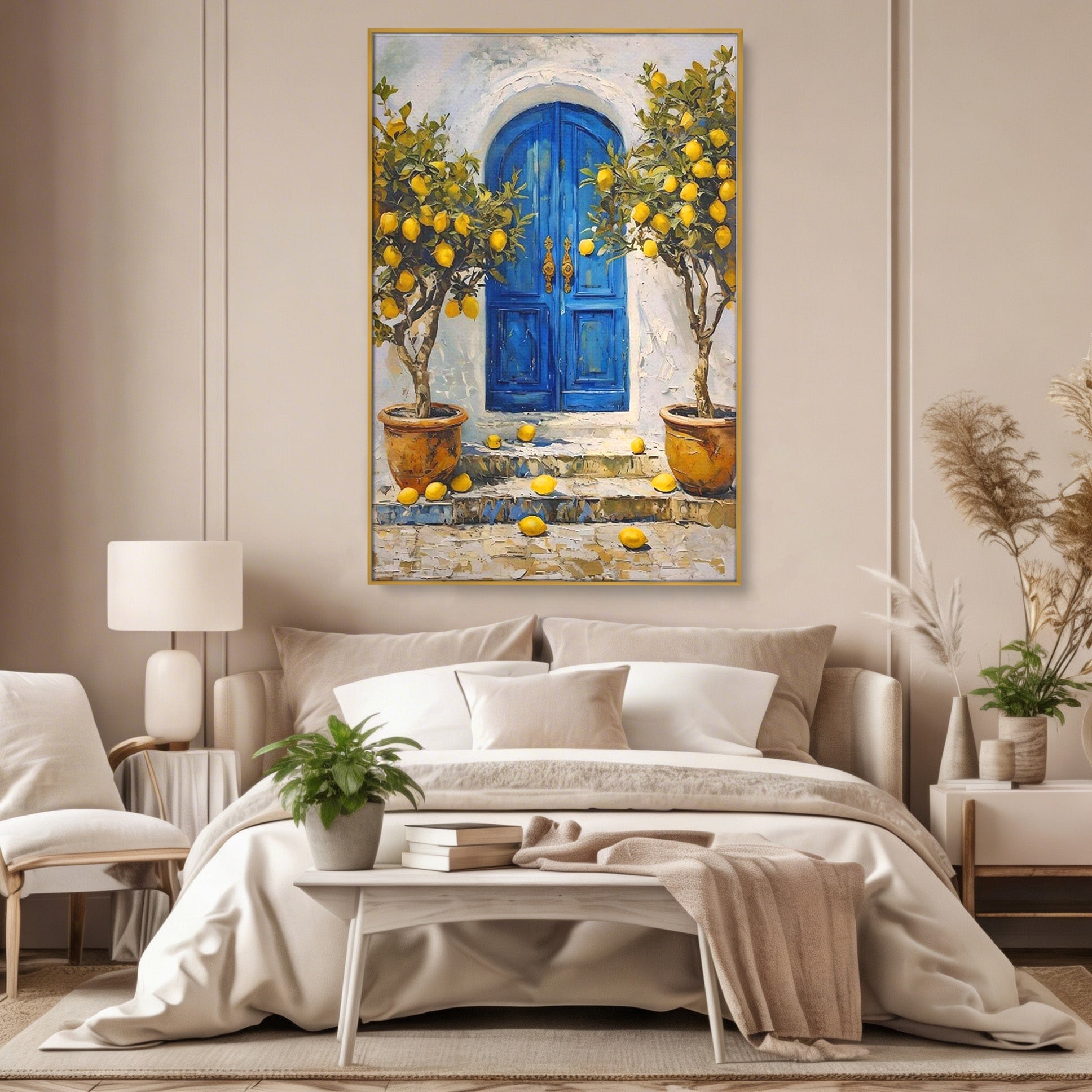 Tablou Canvas Premium LuxCanva® PI1066, Poarta Albastra Cu Lamai, Poarta, Lamai, Mediterranean, Living, Natura, Culori Vibrante