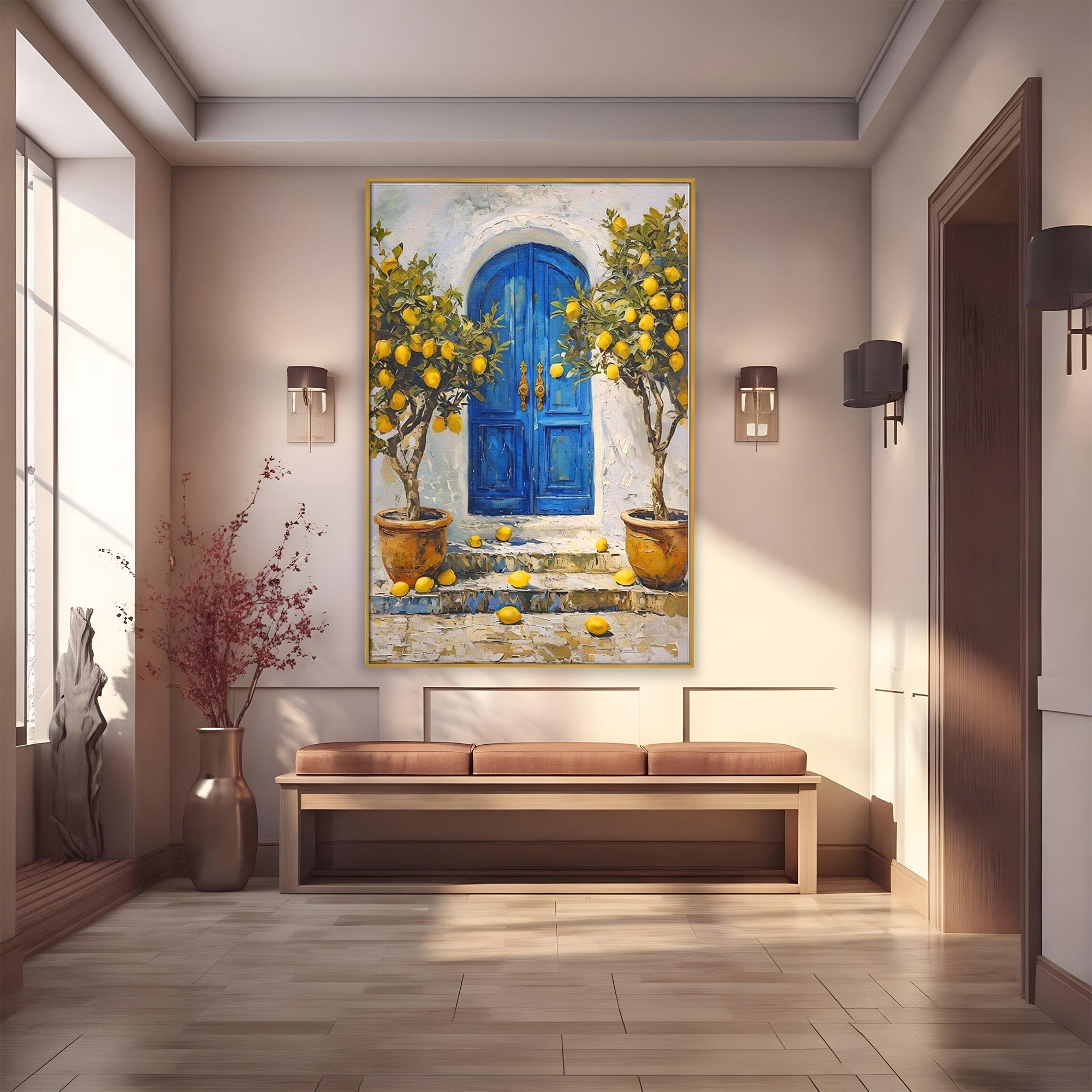 Tablou Canvas Premium LuxCanva® PI1066, Poarta Albastra Cu Lamai, Poarta, Lamai, Mediterranean, Living, Natura, Culori Vibrante