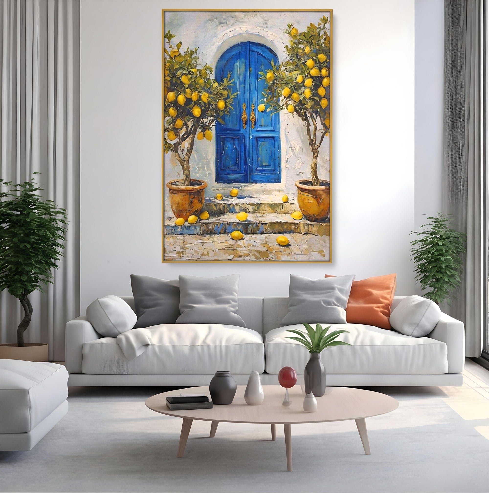 Tablou Canvas Premium LuxCanva® PI1066, Poarta Albastra Cu Lamai, Poarta, Lamai, Mediterranean, Living, Natura, Culori Vibrante