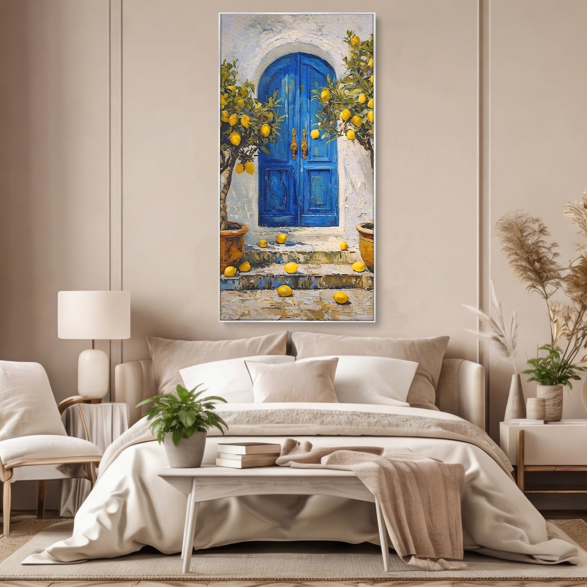Tablou Canvas Premium LuxCanva® PI1066, Poarta Albastra Cu Lamai, Poarta, Lamai, Mediterranean, Living, Natura, Culori Vibrante