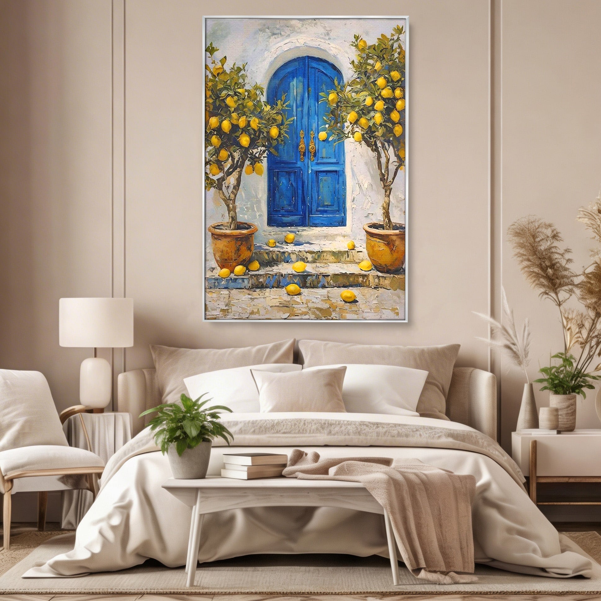 Tablou Canvas Premium LuxCanva® PI1066, Poarta Albastra Cu Lamai, Poarta, Lamai, Mediterranean, Living, Natura, Culori Vibrante