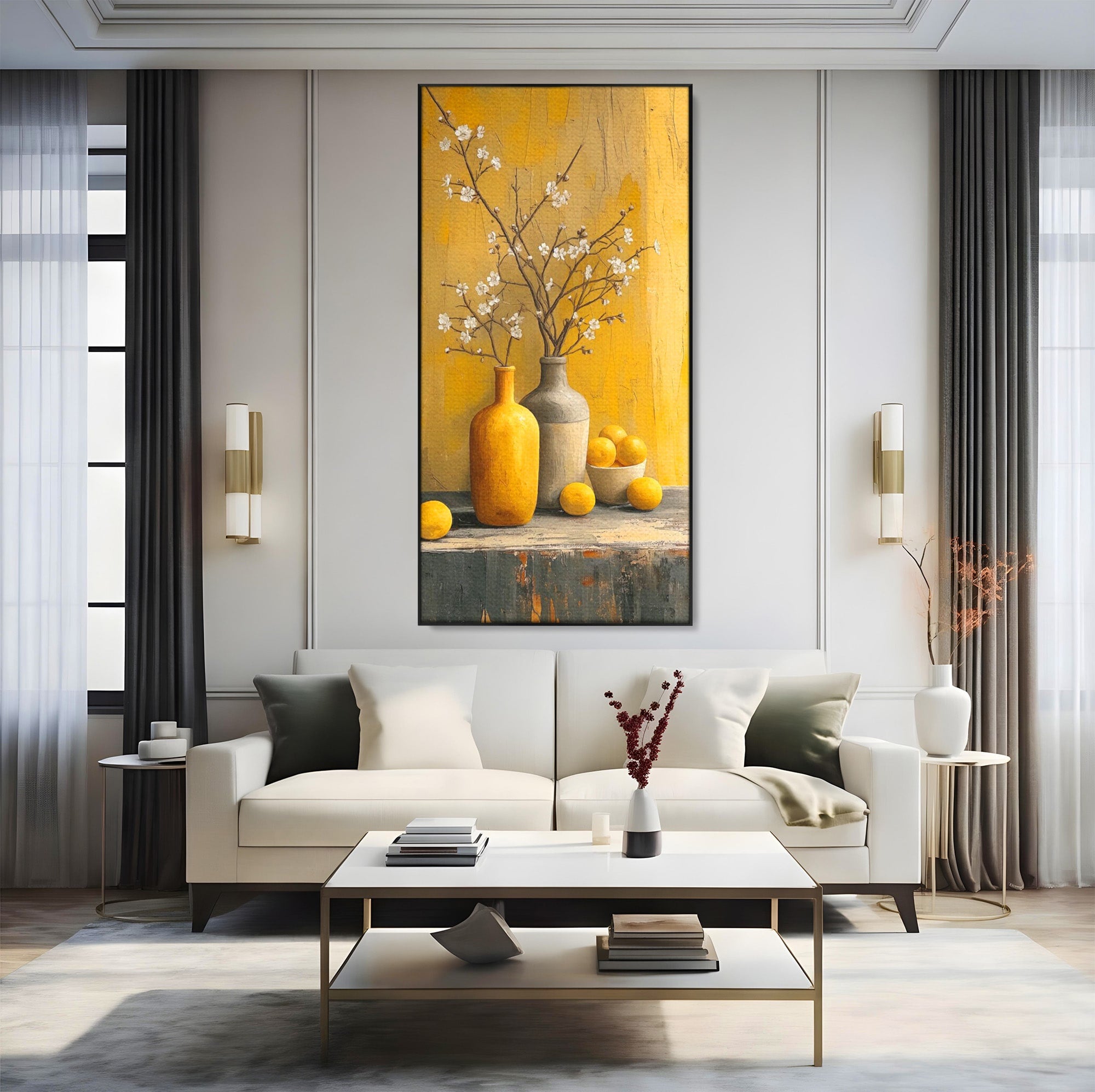 Tablou Canvas Premium LuxCanva® PI1067, Vaze Cu Flori Albe, Flori, Vaze, Natura Statica, Decoratiuni, Living, Bucatarie, Culori Vibrante
