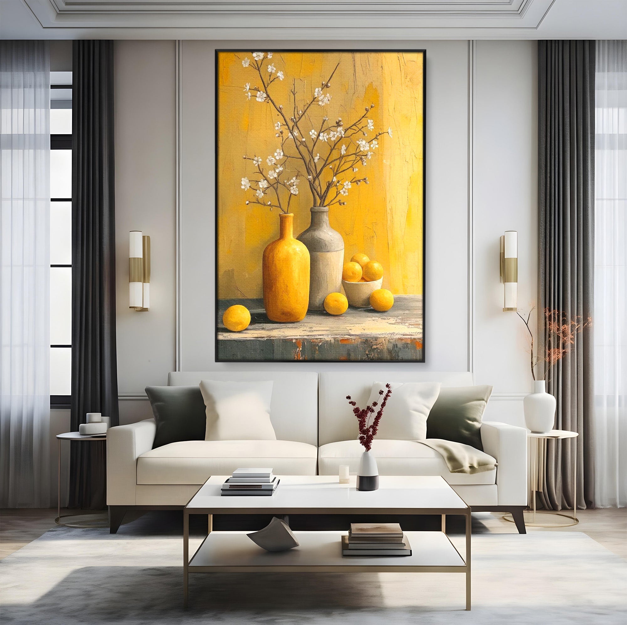 Tablou Canvas Premium LuxCanva® PI1067, Vaze Cu Flori Albe, Flori, Vaze, Natura Statica, Decoratiuni, Living, Bucatarie, Culori Vibrante