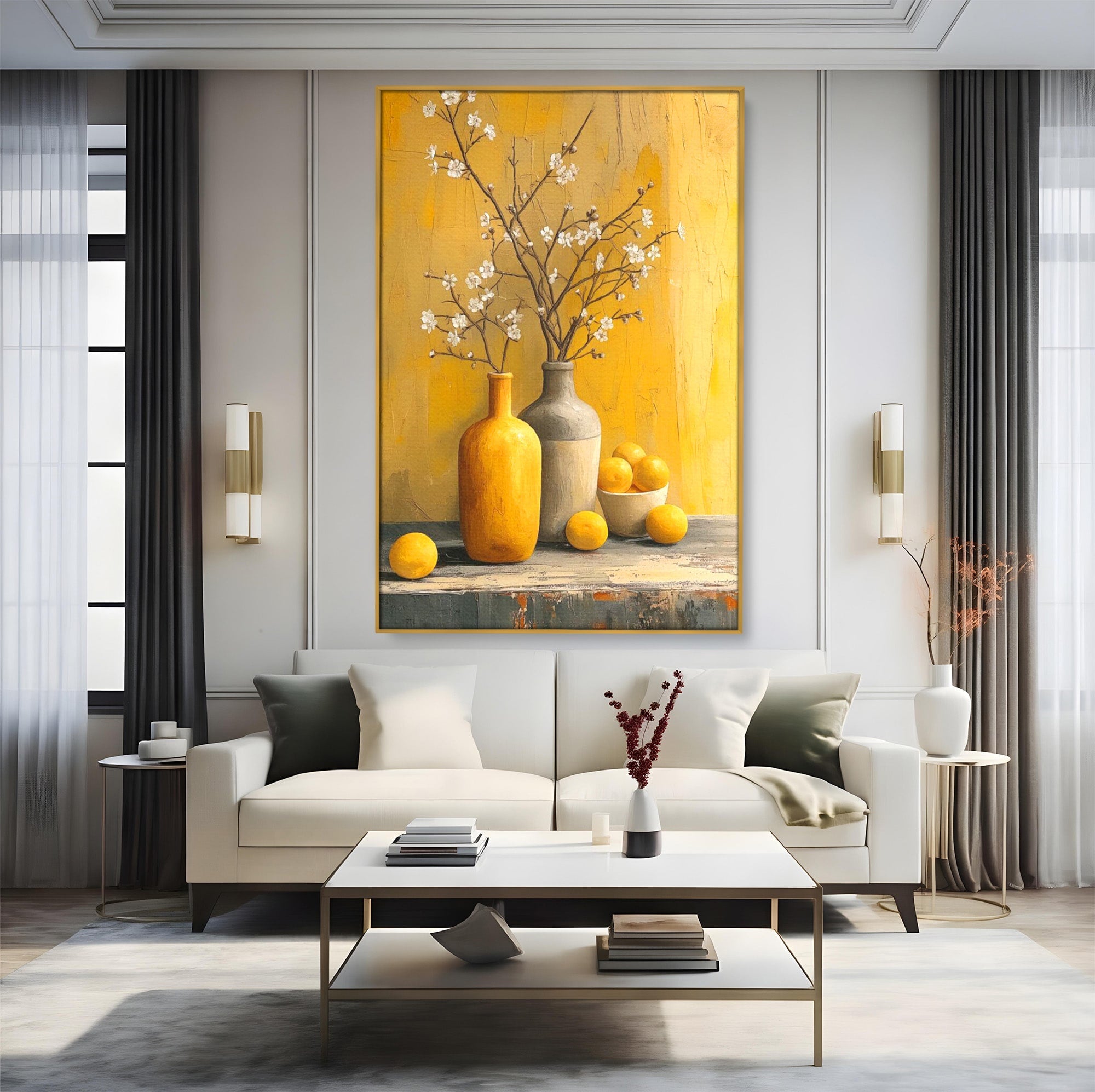 Tablou Canvas Premium LuxCanva® PI1067, Vaze Cu Flori Albe, Flori, Vaze, Natura Statica, Decoratiuni, Living, Bucatarie, Culori Vibrante