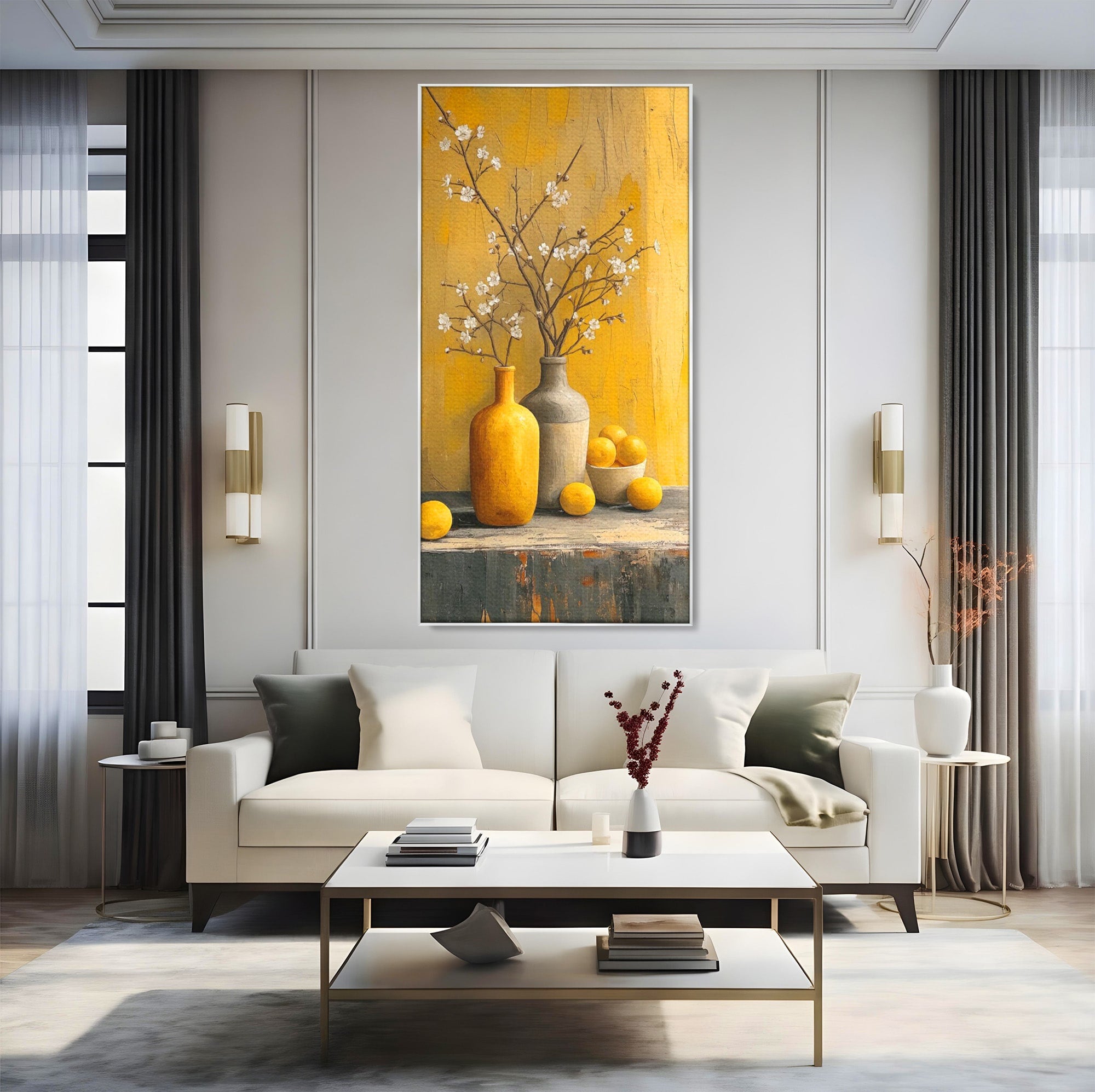 Tablou Canvas Premium LuxCanva® PI1067, Vaze Cu Flori Albe, Flori, Vaze, Natura Statica, Decoratiuni, Living, Bucatarie, Culori Vibrante