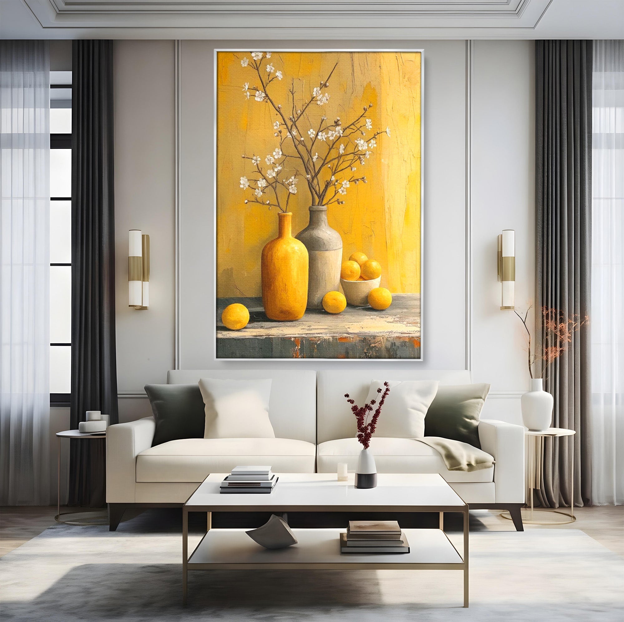 Tablou Canvas Premium LuxCanva® PI1067, Vaze Cu Flori Albe, Flori, Vaze, Natura Statica, Decoratiuni, Living, Bucatarie, Culori Vibrante