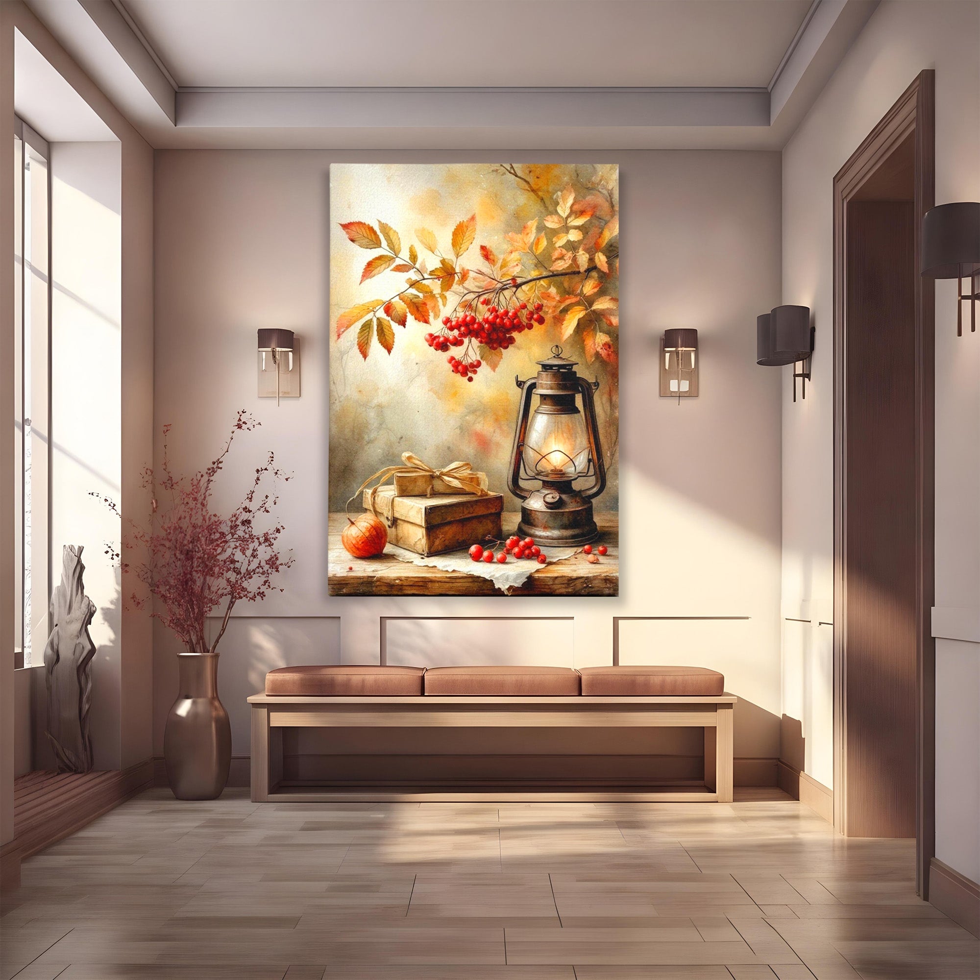 Tablou Canvas Premium LuxCanva® PI1068, Lanterna De Toamna, Lanterna, Toamna, Frunze, Decor, Living, Natura, Culori Vibrante