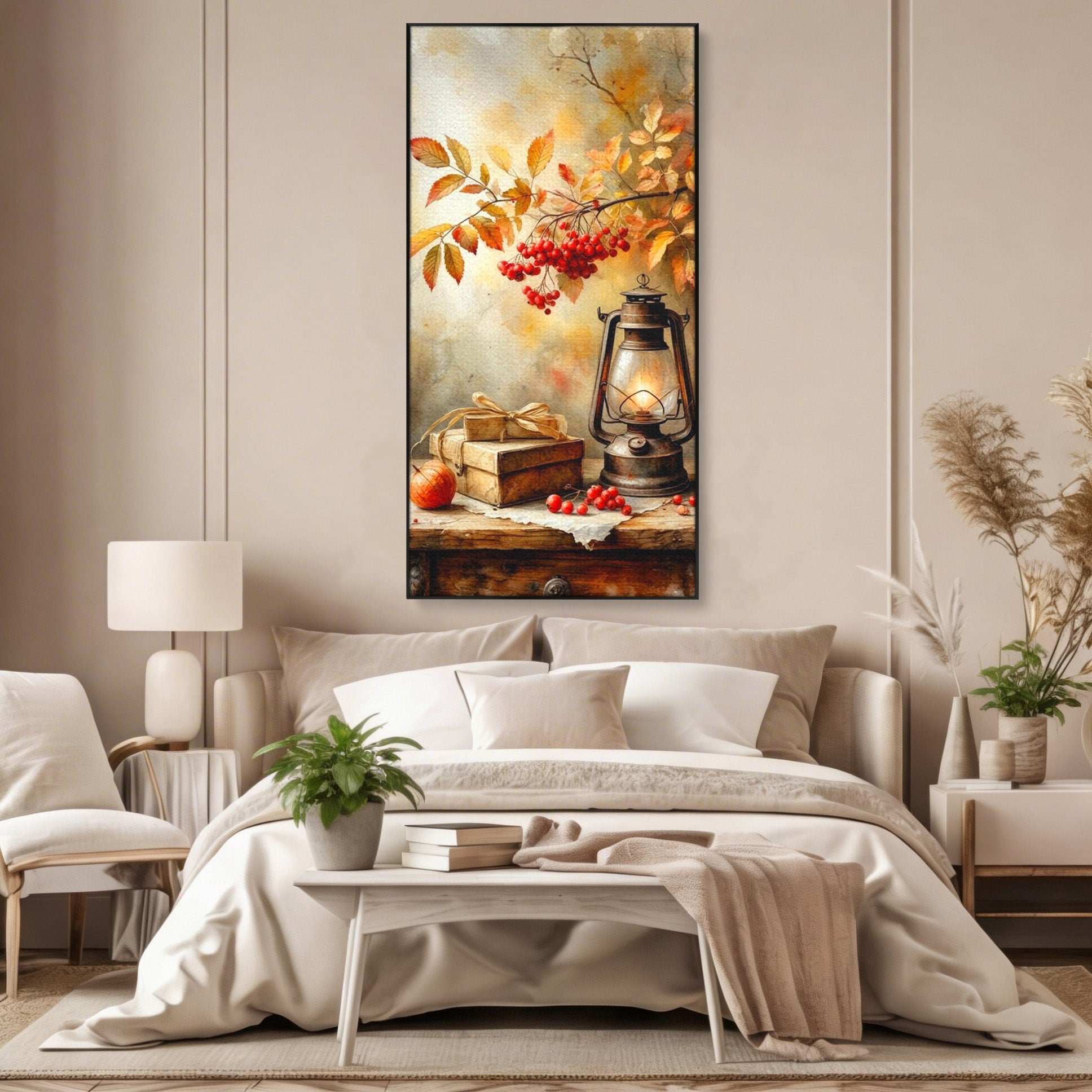 Tablou Canvas Premium LuxCanva® PI1068, Lanterna De Toamna, Lanterna, Toamna, Frunze, Decor, Living, Natura, Culori Vibrante